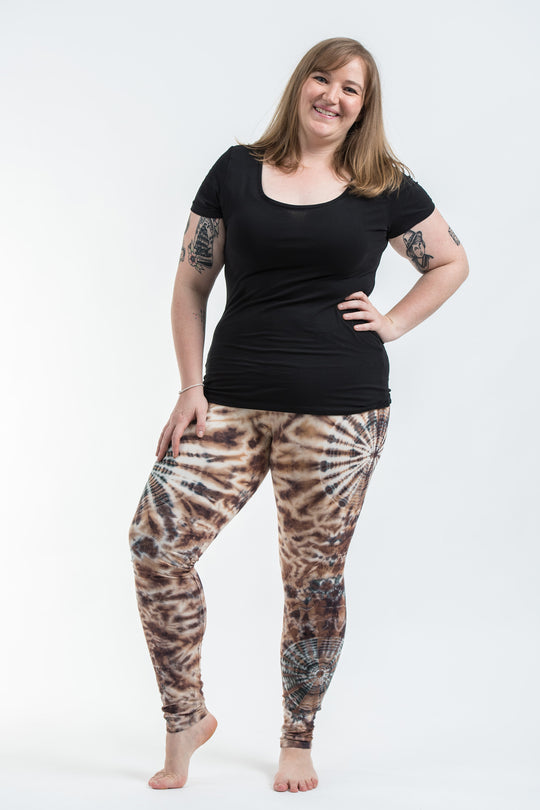 Plus Size Swirls Tie Dye Cotton Leggings in Light Brown