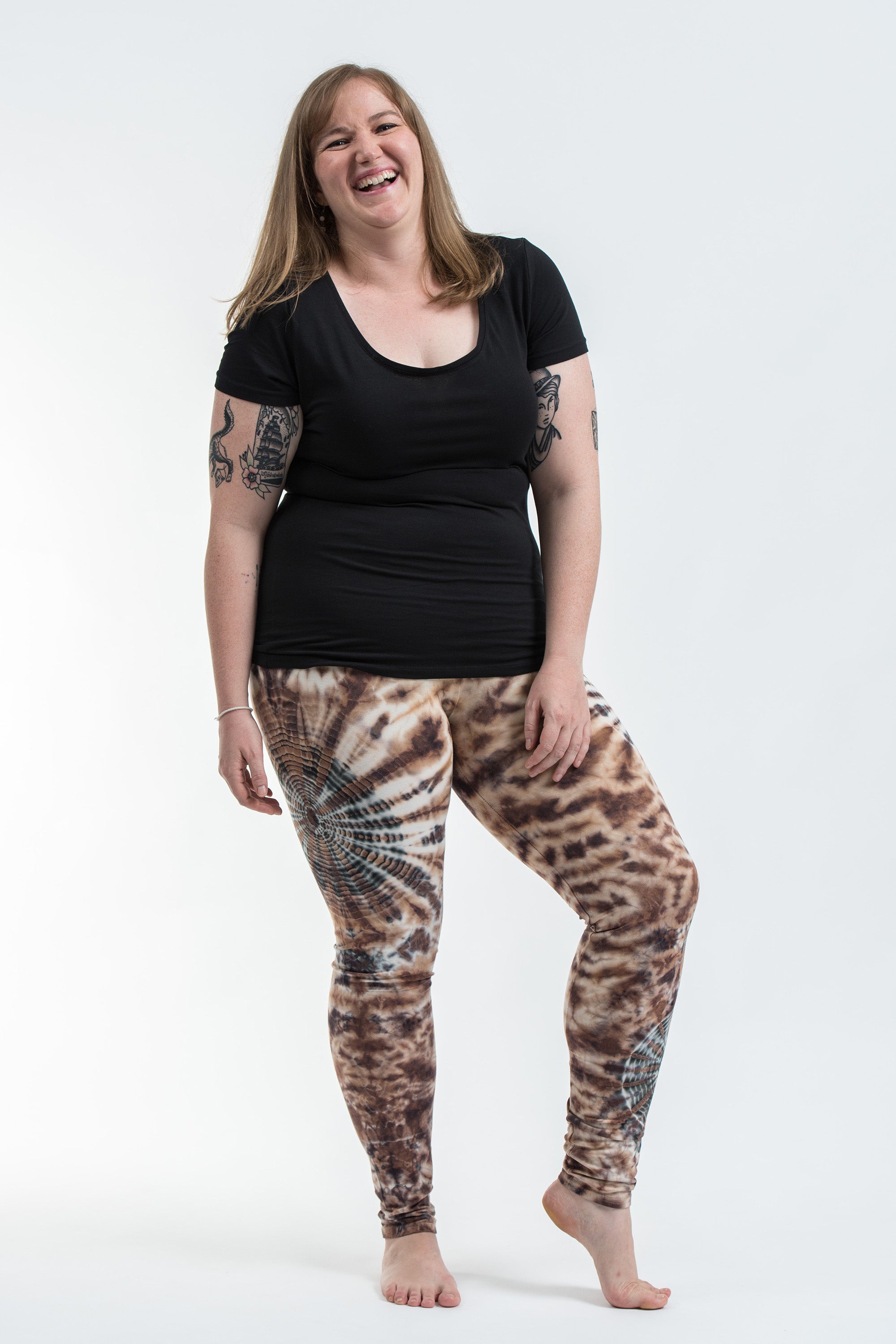Plus Size Swirls Tie Dye Cotton Leggings in Light Brown
