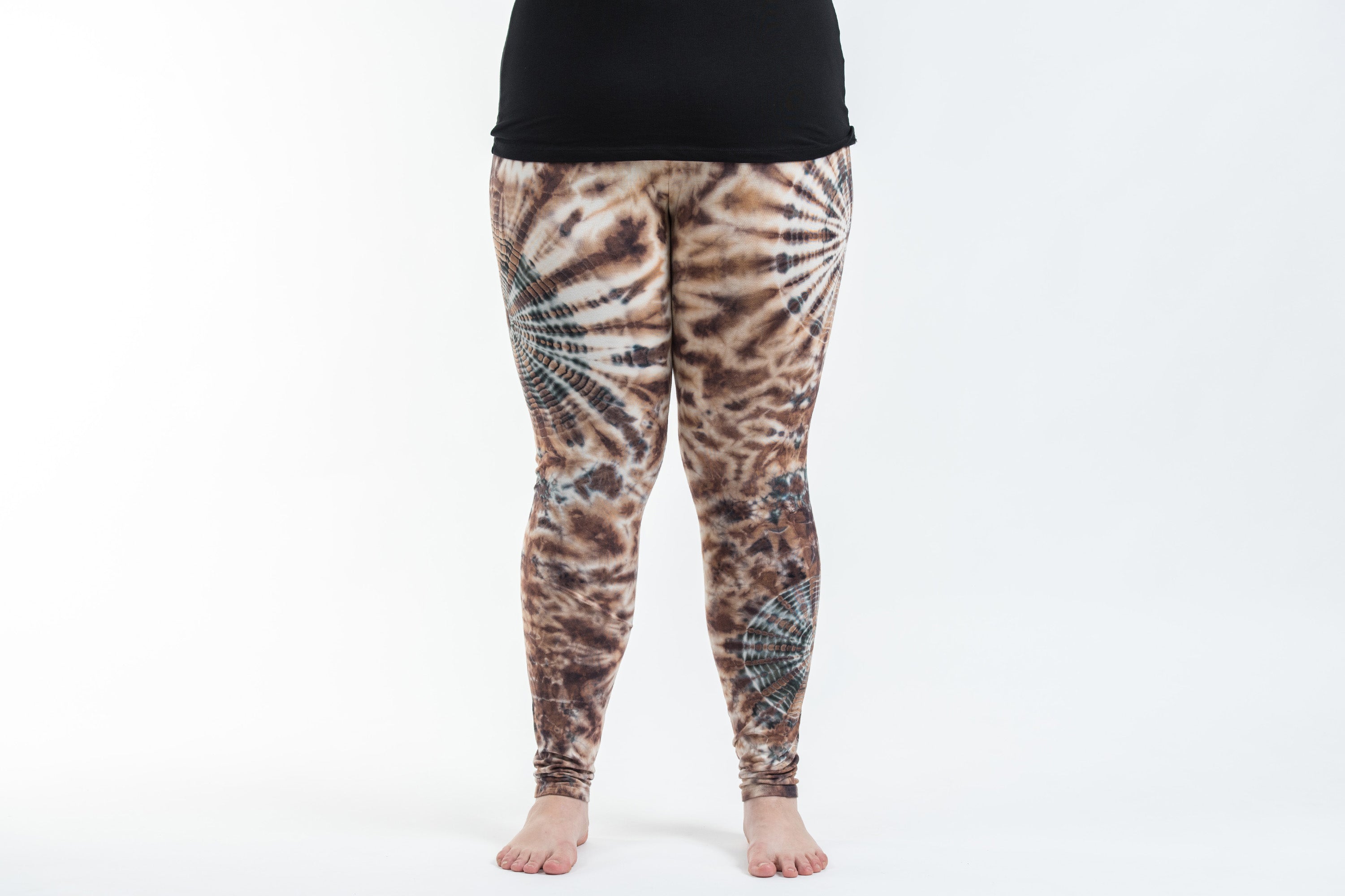 Plus Size Swirls Tie Dye Cotton Leggings in Light Brown