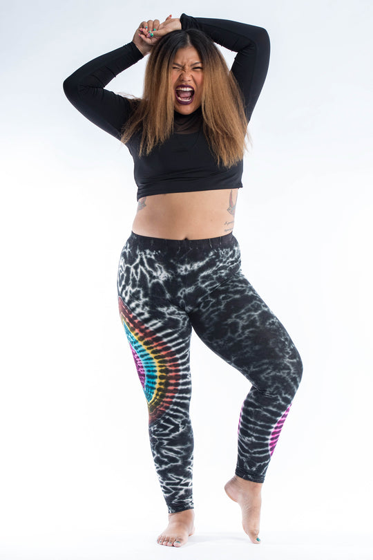 Plus Size Oval Swirls Tie Dye Cotton Leggings in Festival Black