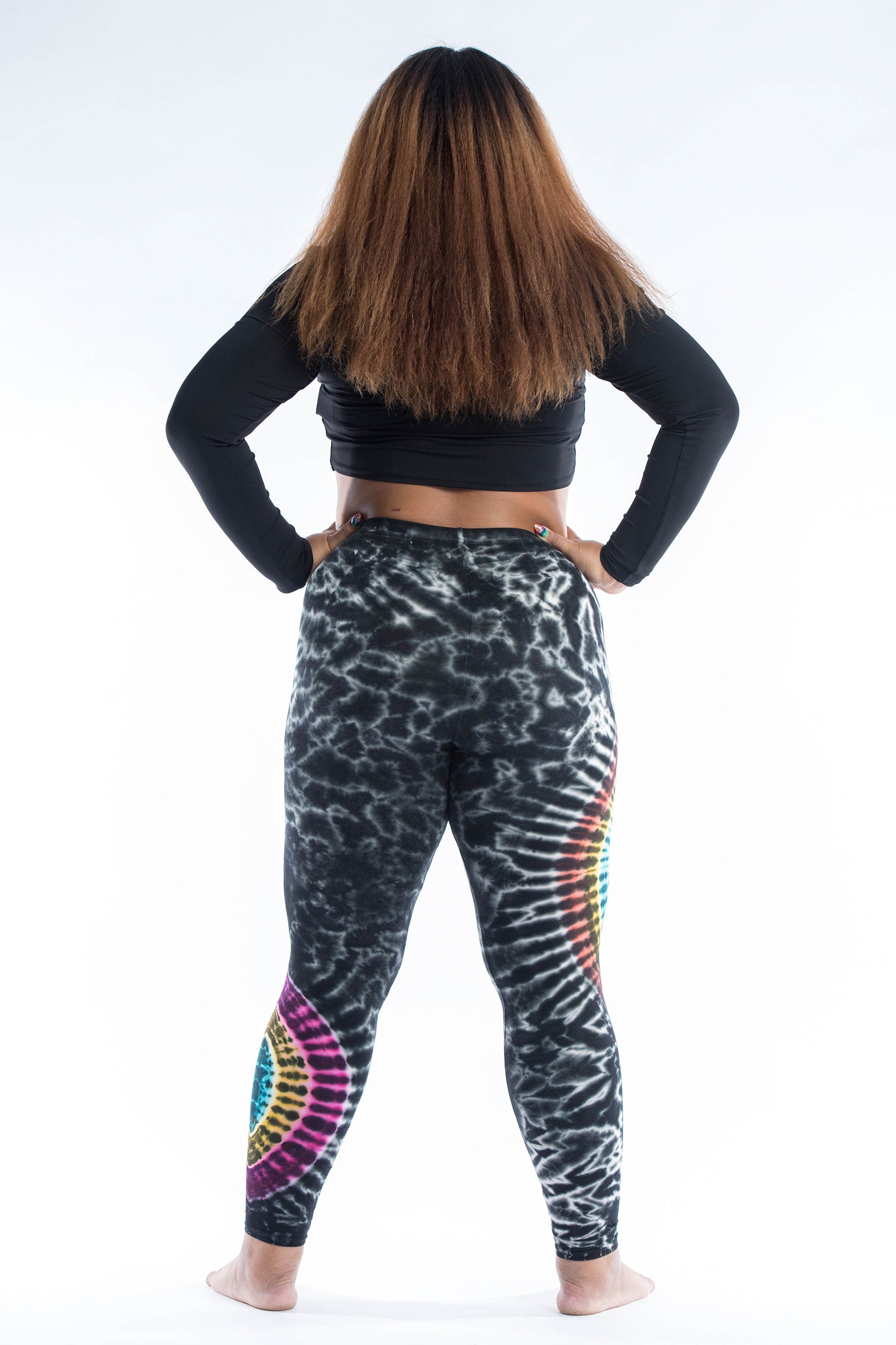 Plus Size Oval Swirls Tie Dye Cotton Leggings in Festival Black