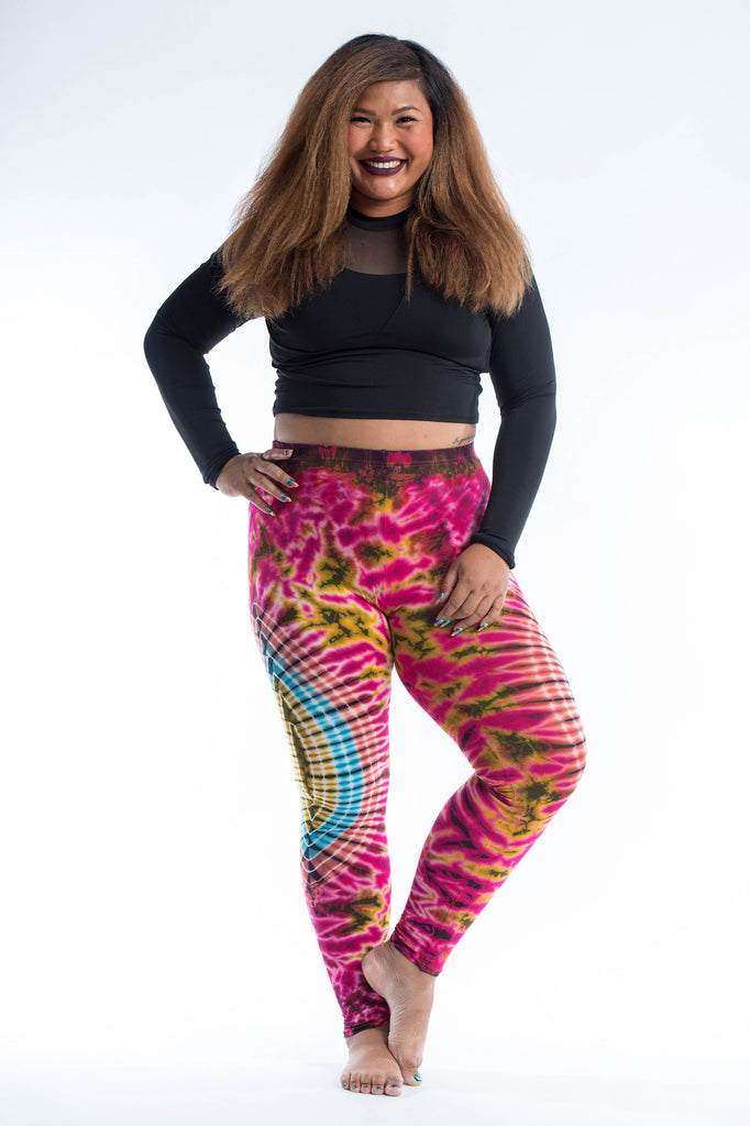 Plus Size Oval Swirls Tie Dye Cotton Leggings in Pink Rainbow Harem Pants