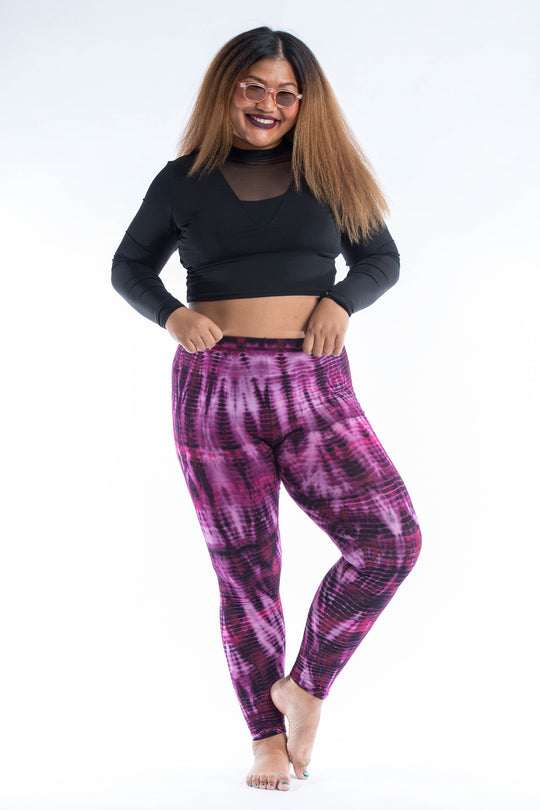 Plus Size Lightning Stripes Tie Dye Cotton Leggings in Purple