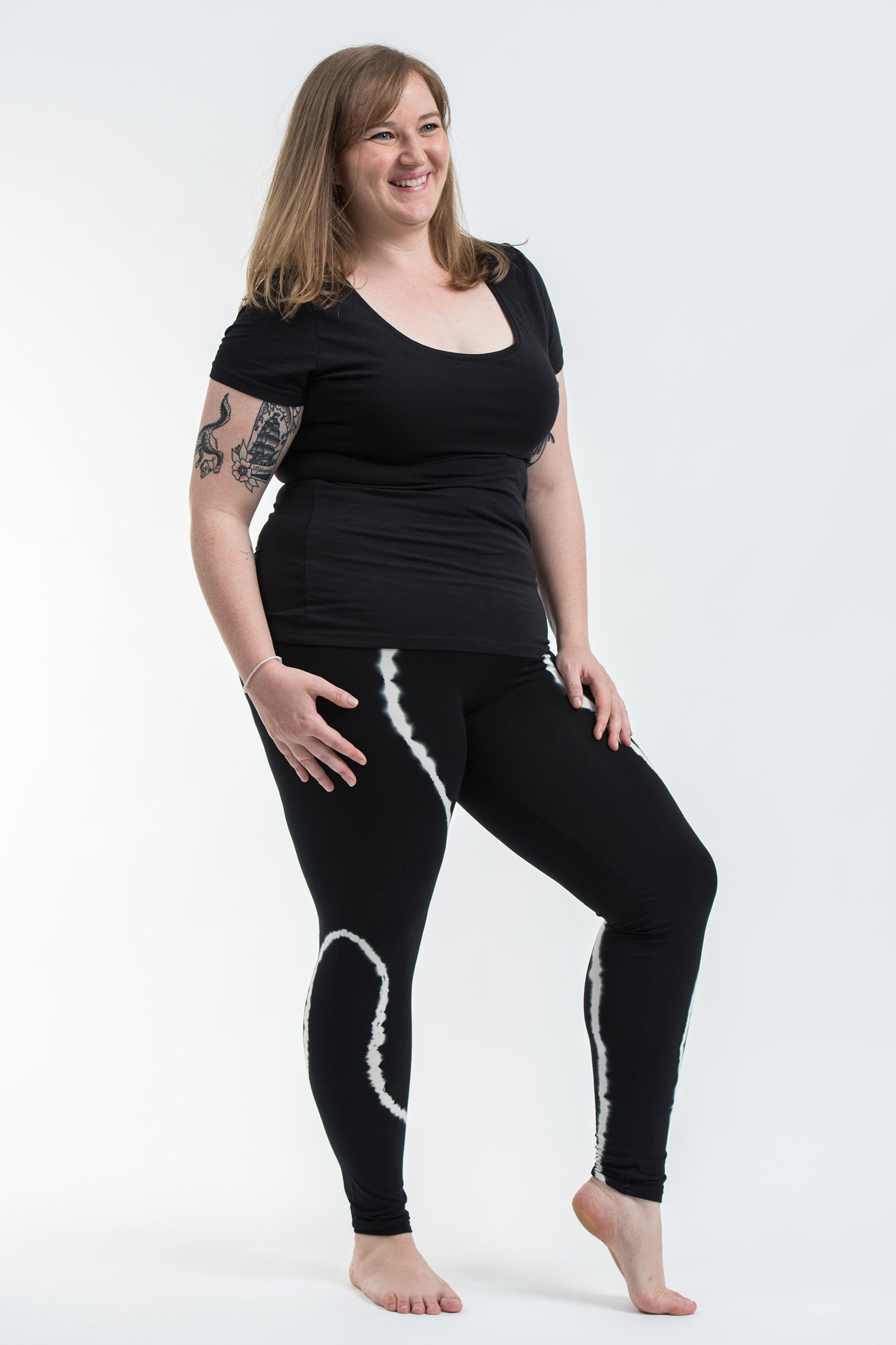 Plus Size Black Tie Dye Cotton Leggings in Electra White