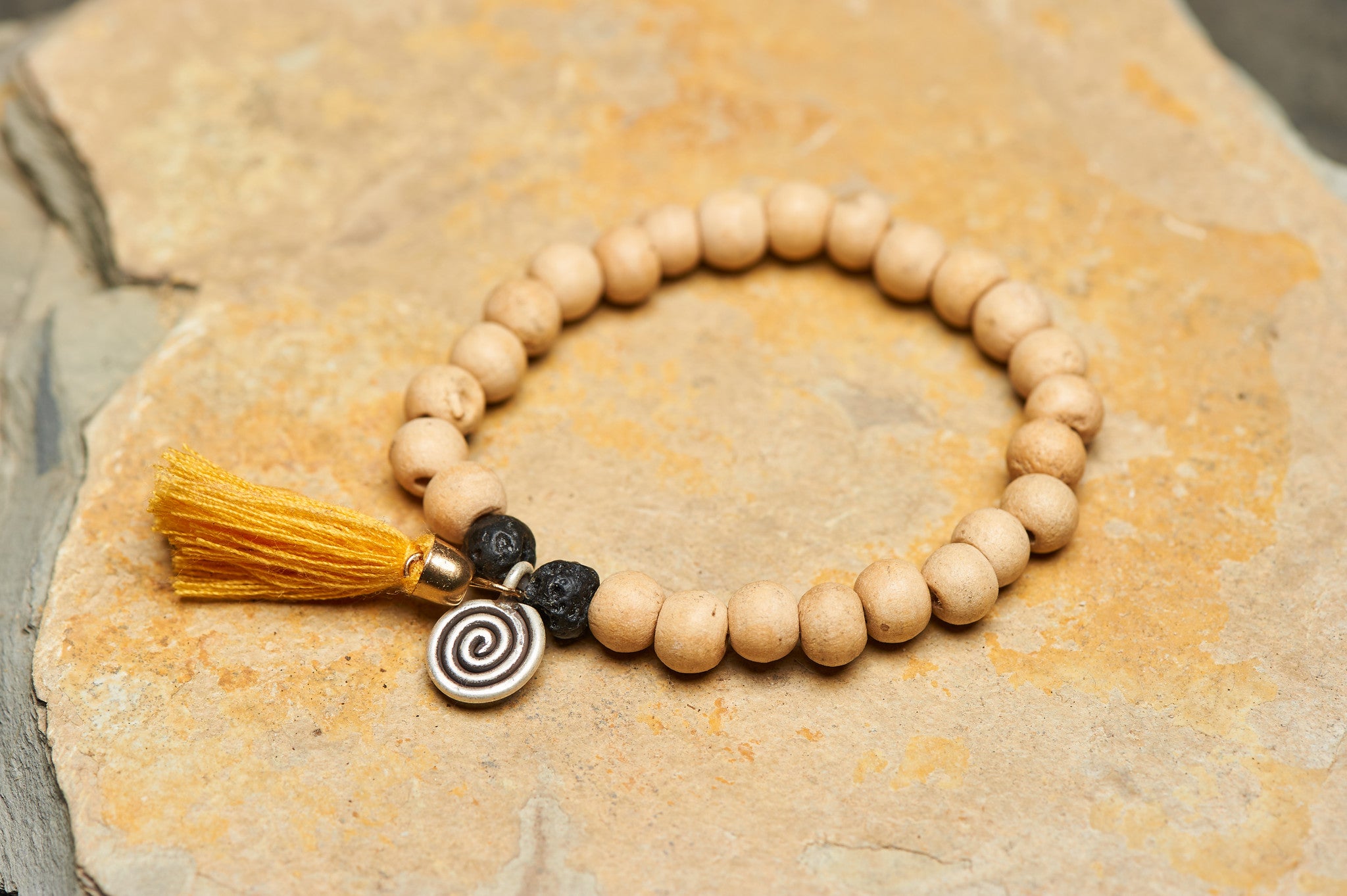 Spiral Tribal Silver Charm With Nepalese Budhi Wooden Beads Bracelet
