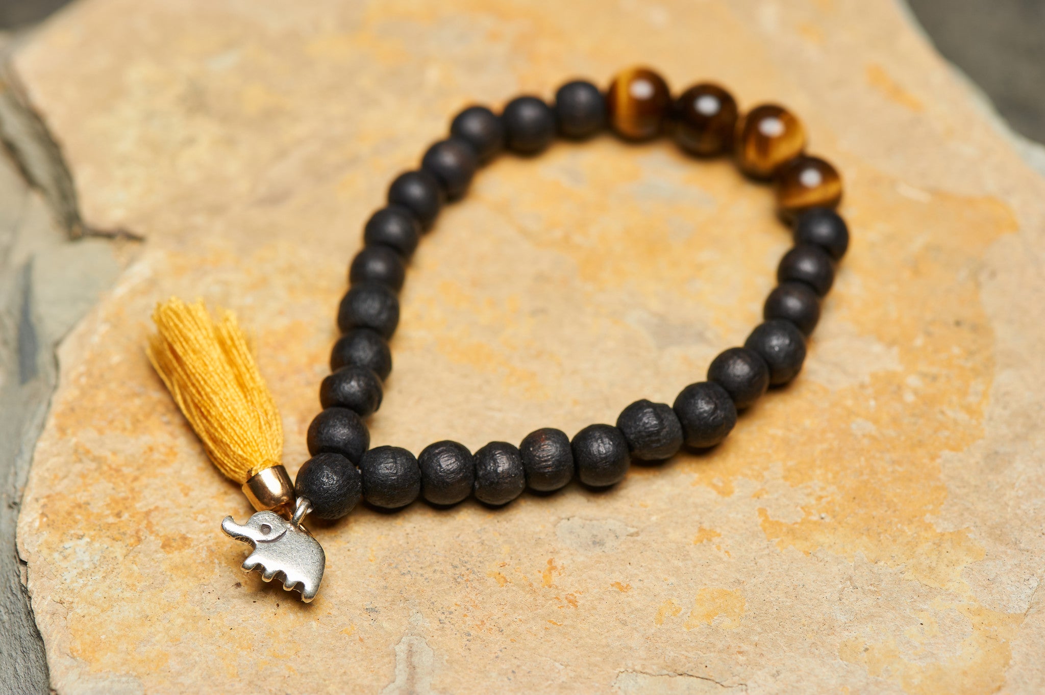 Nepal Hand Made Budhi Wooden Bead Bracelet With Elephant Tribal Silver Charm