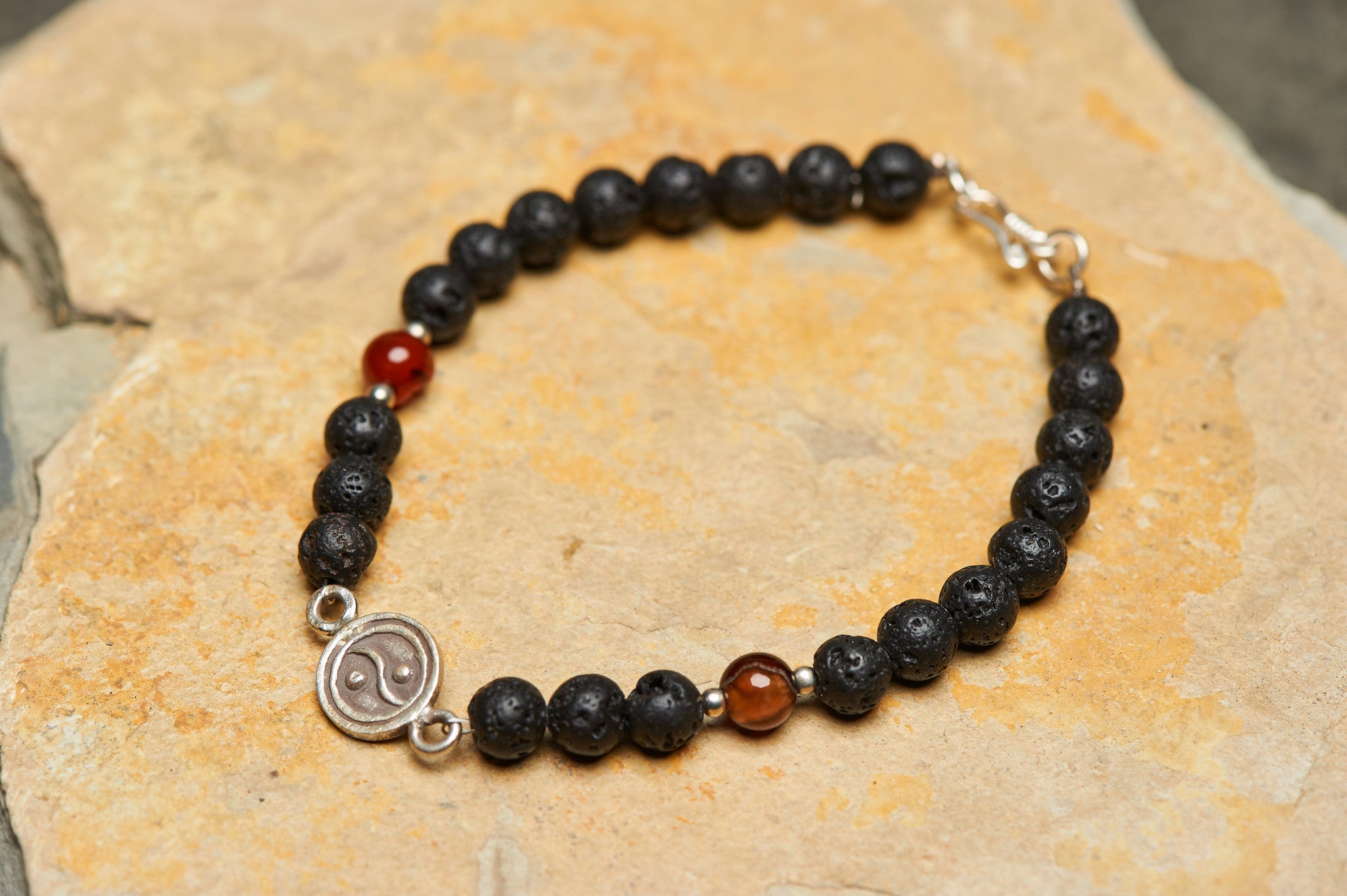 Hand Made Tibetan Yin Yang Mala Bracelet With Black Lava Beads