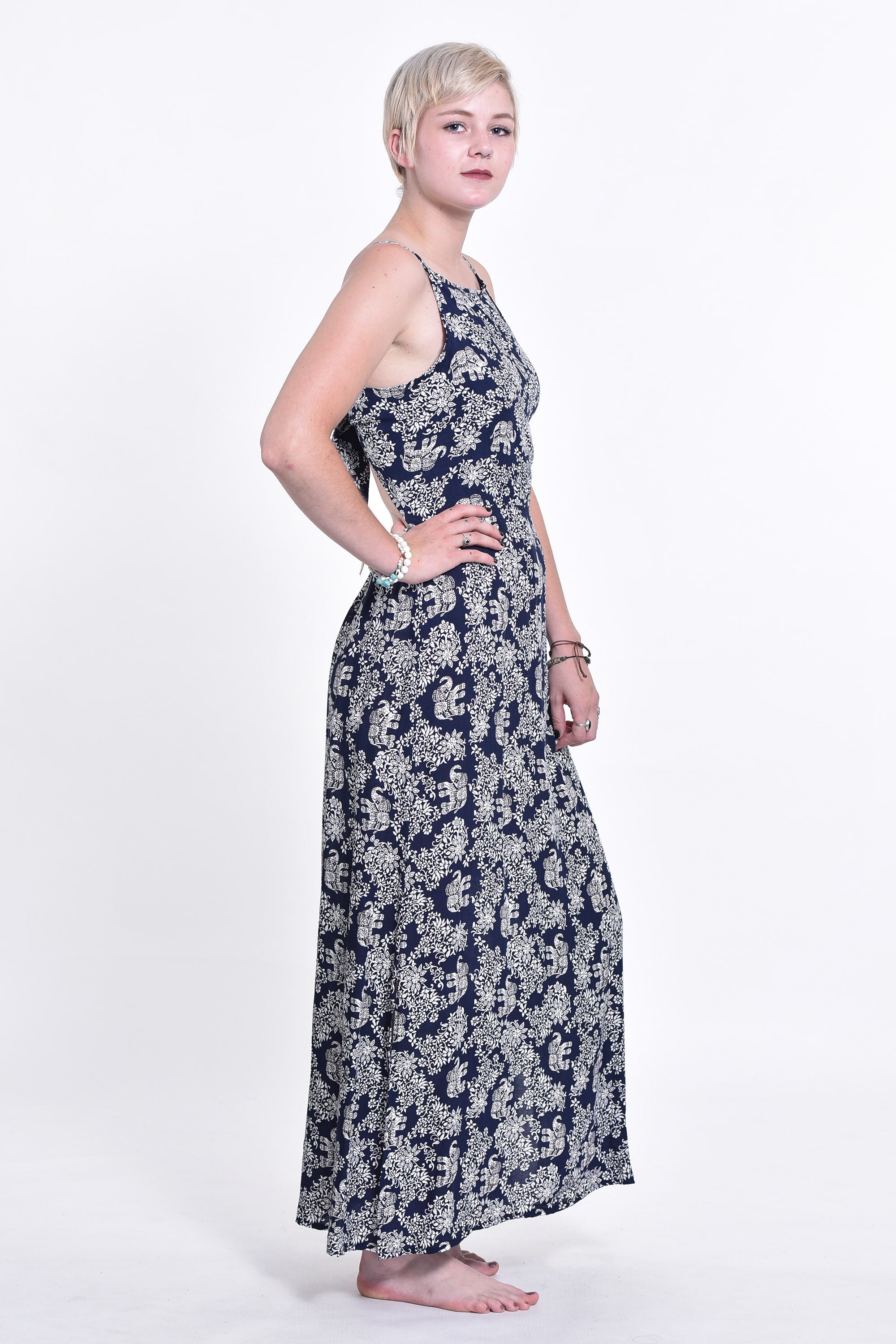 Blooming Elephant Tie Back Maxi Dress in Navy