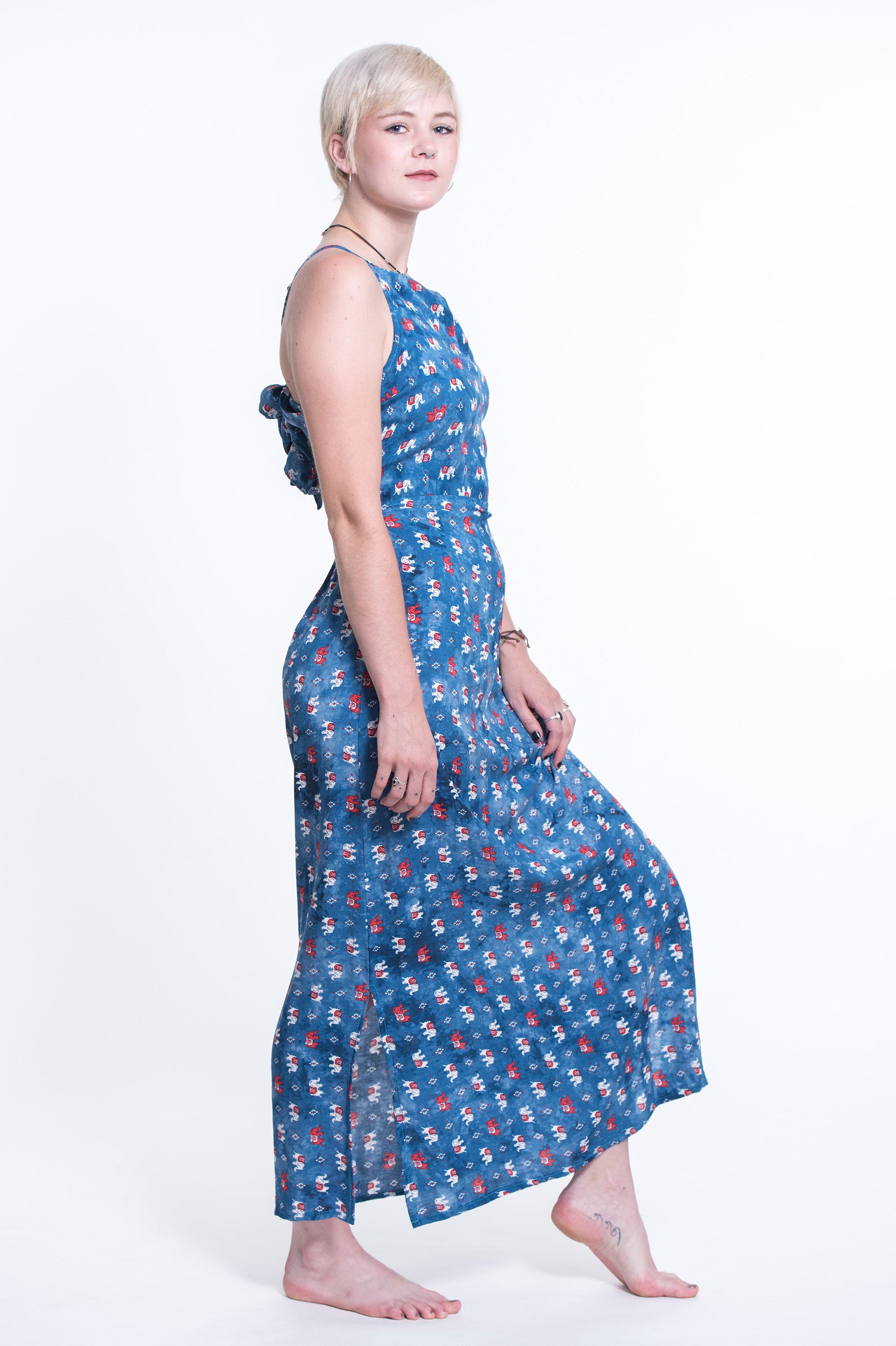 Petit Elephant Tie Back Maxi Dress in Blue