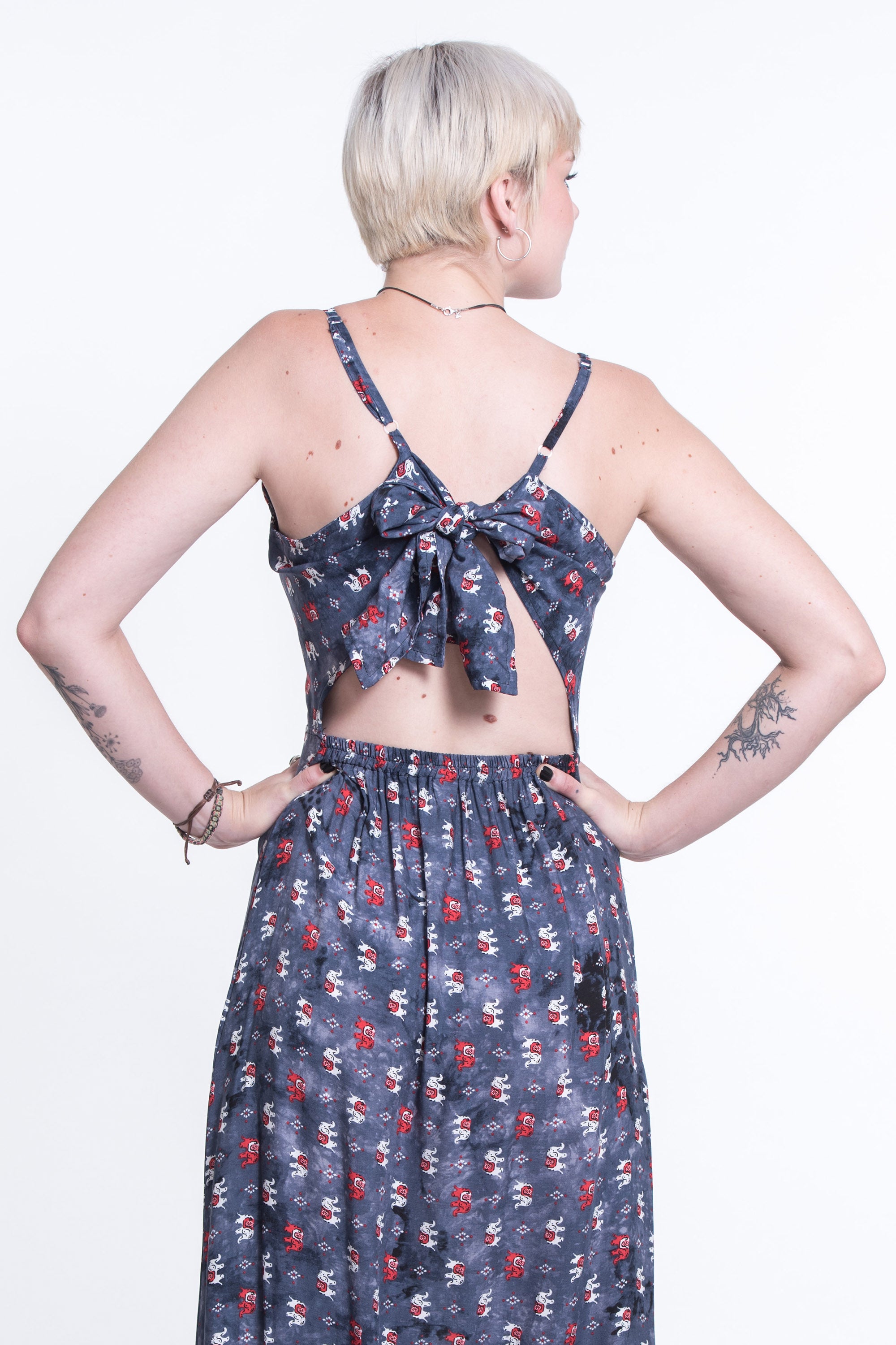 Petit Elephant Tie Back Maxi Dress in Black