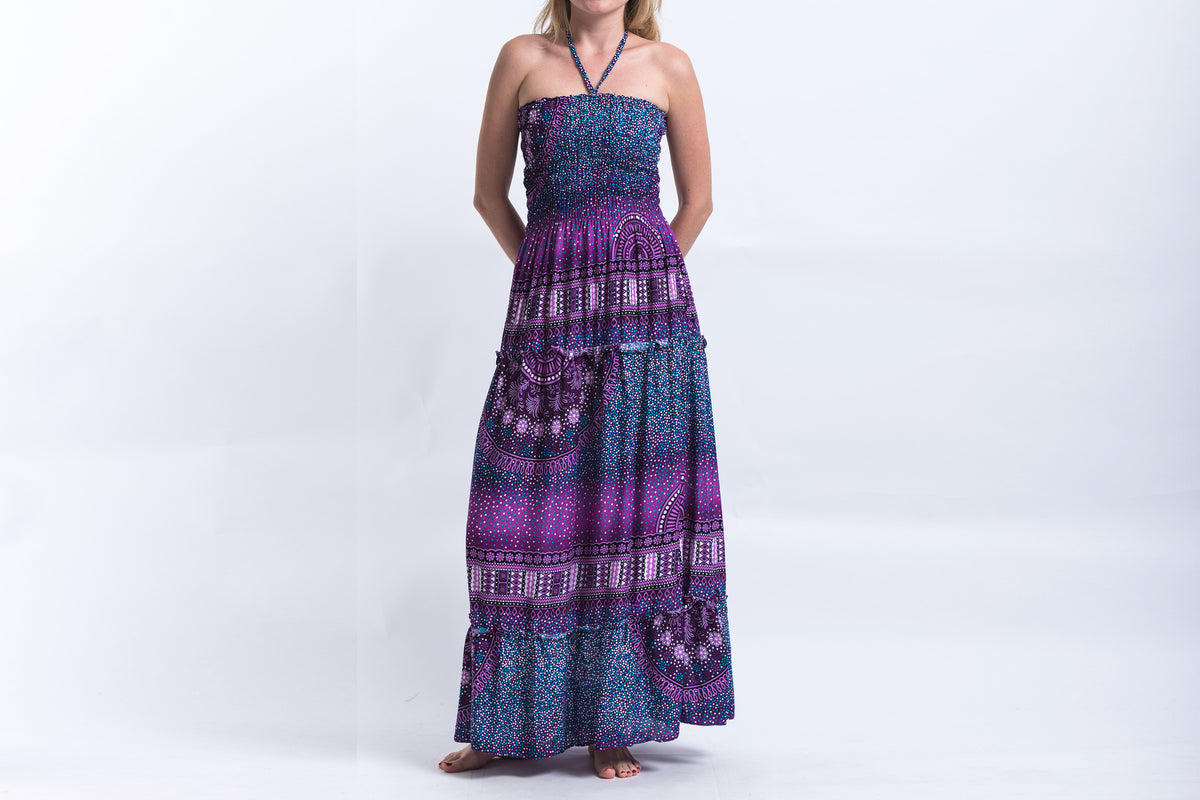 Tribal Chakras Smocked Bandeau Maxi Dress in Purple – Harem Pants