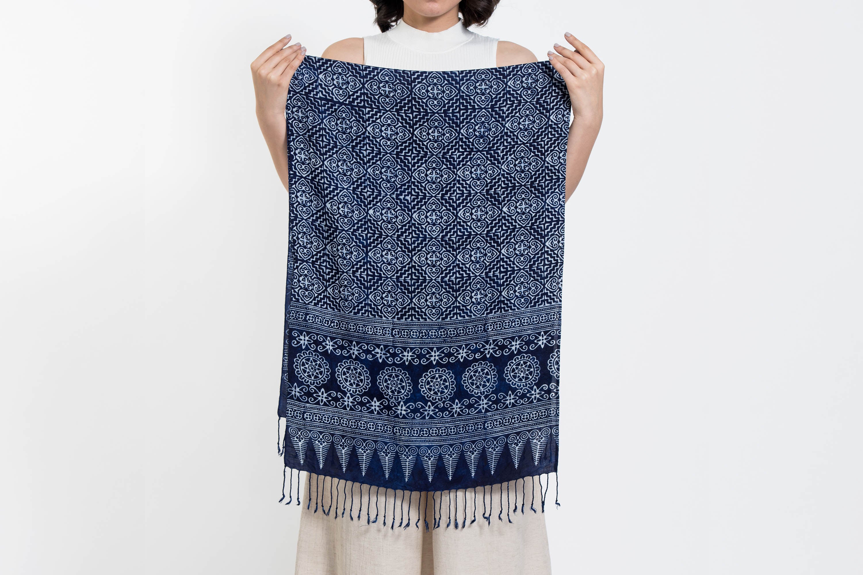 Mandalas Print Hmong Indigo Batik Shawl Scarf