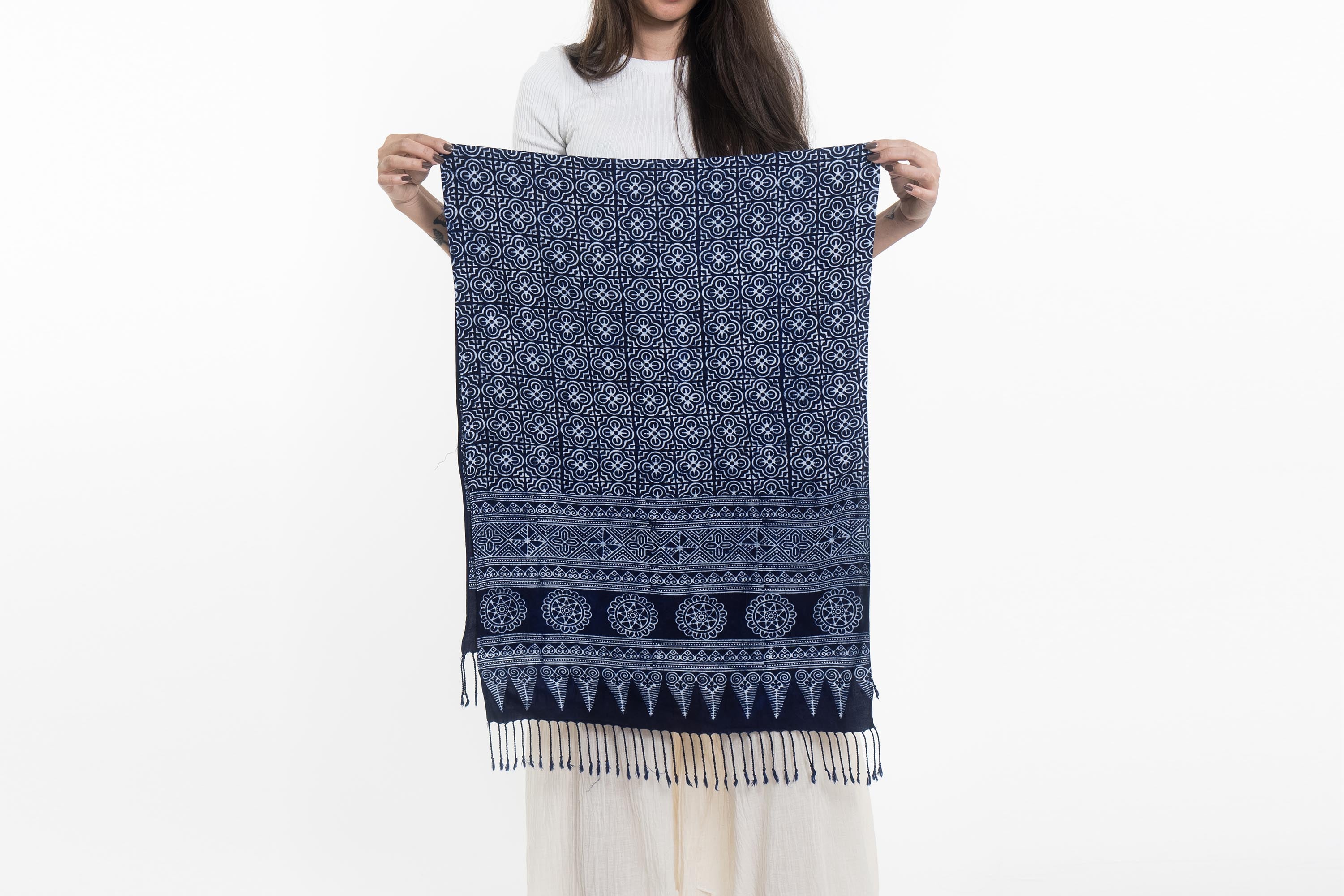 Clovers Print Hmong Indigo Batik Shawl Scarf