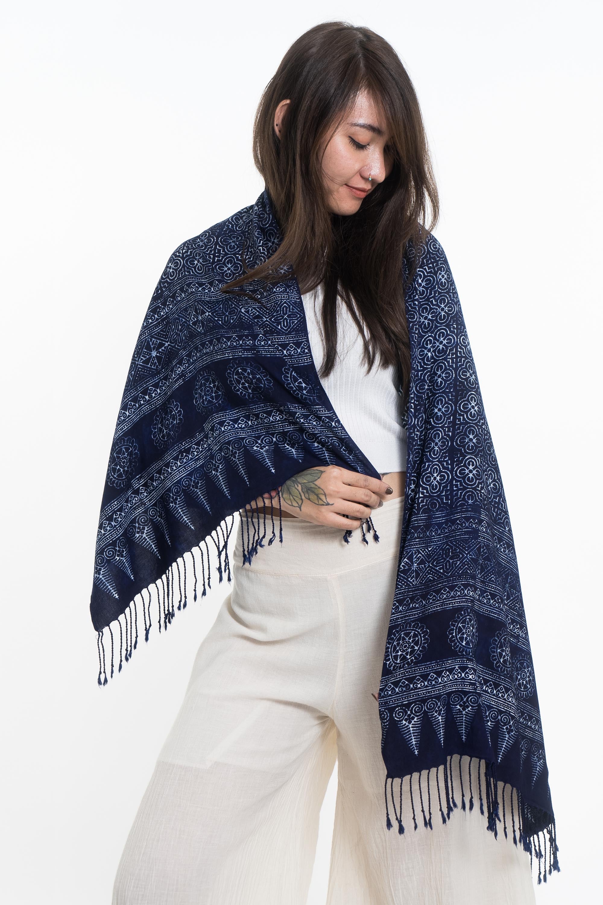 Clovers Print Hmong Indigo Batik Shawl Scarf