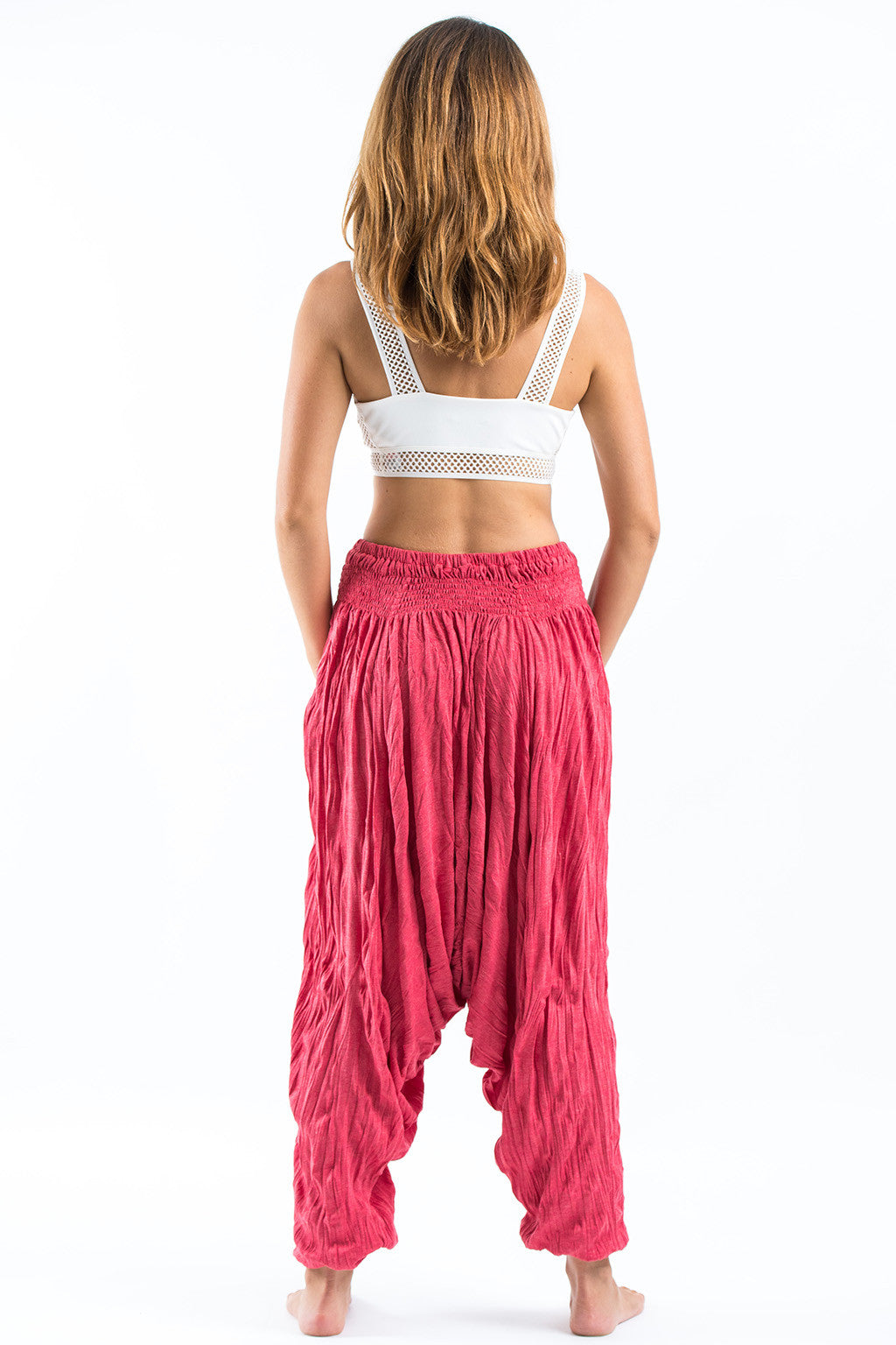 Crinkled Cotton Harem Pants in Red