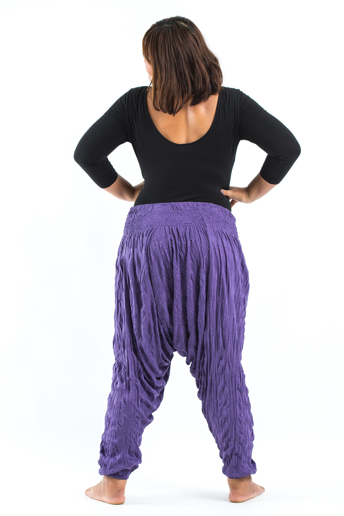 Plus Size Crinkled Cotton Harem Pants in Purple