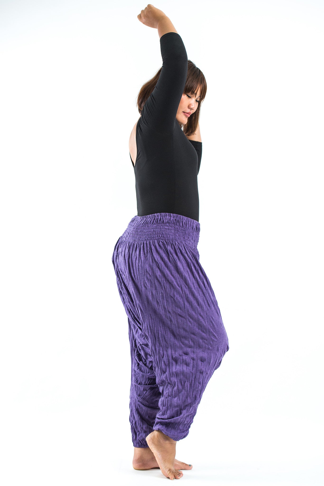 Plus Size Crinkled Cotton Harem Pants in Purple