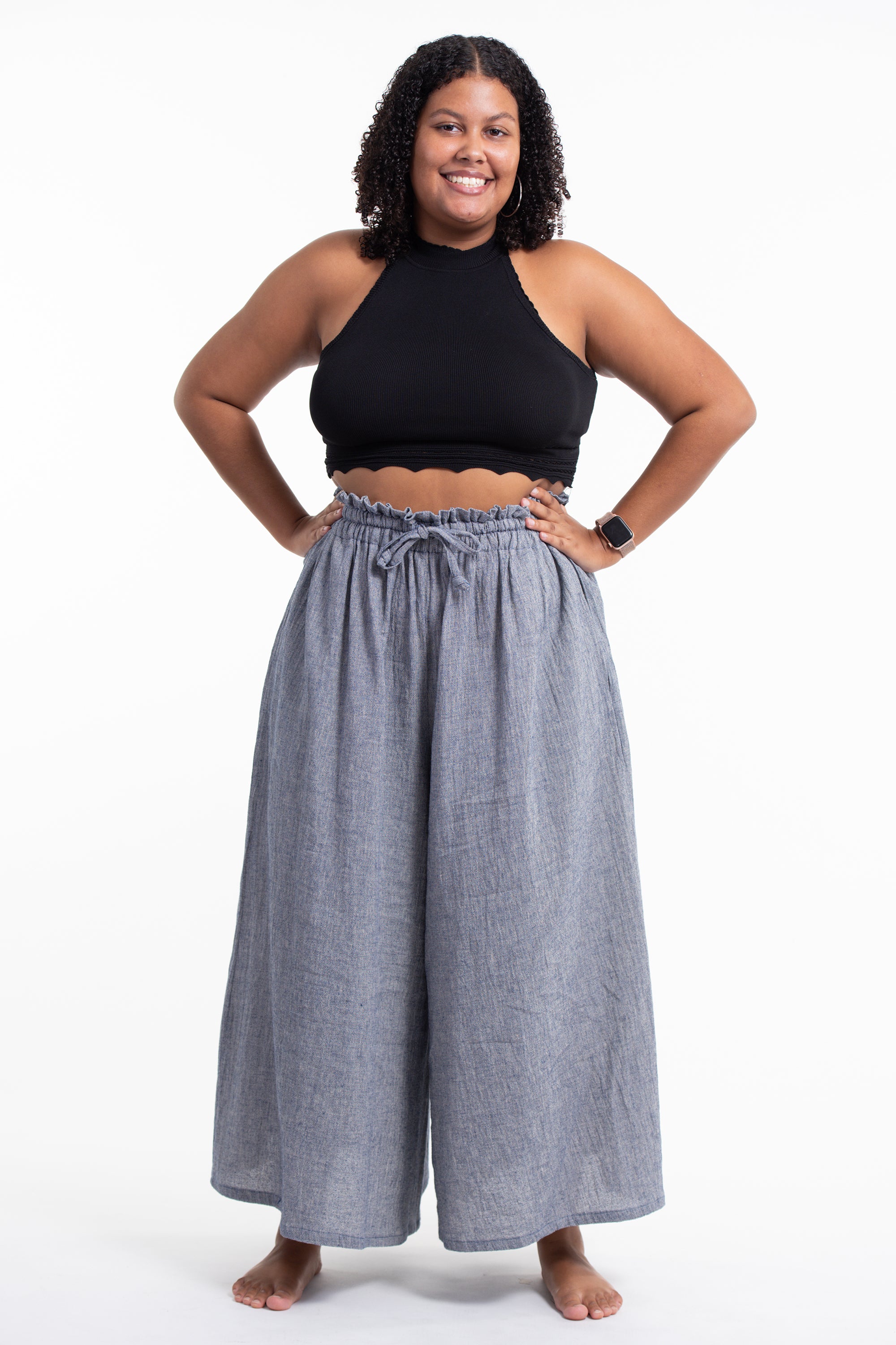 Plus Size Women's Linen Cotton Blend Palazzo Pants in Blue