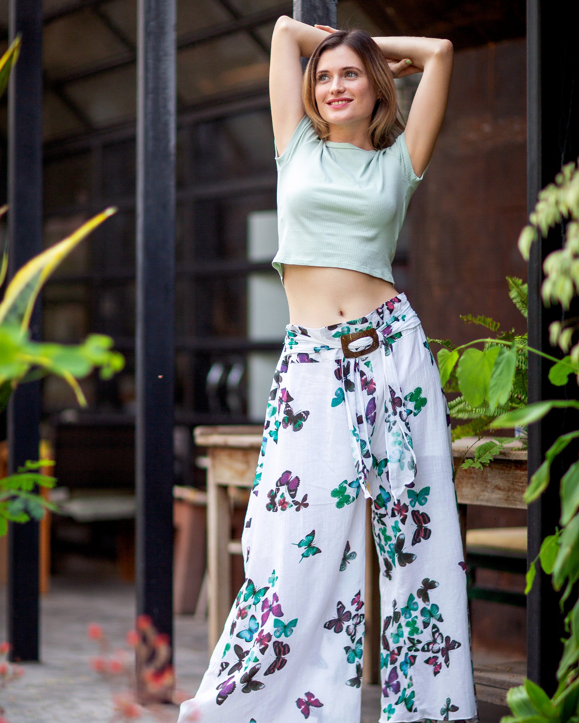 Women's Thai Harem Palazzo Pants in Butterflies Turquoise