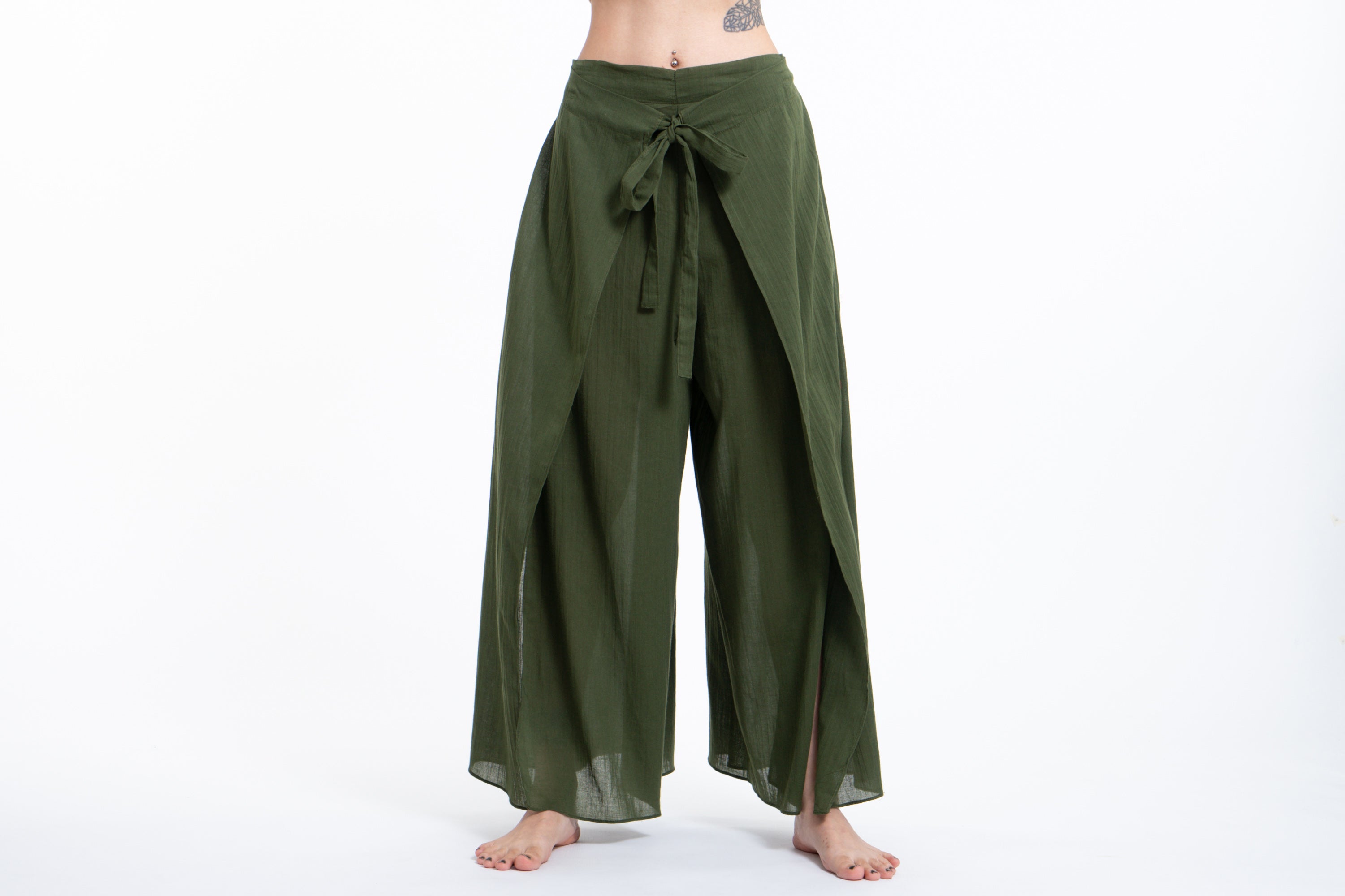 Women's Cotton Wrap Palazzo Pants in Solid Green