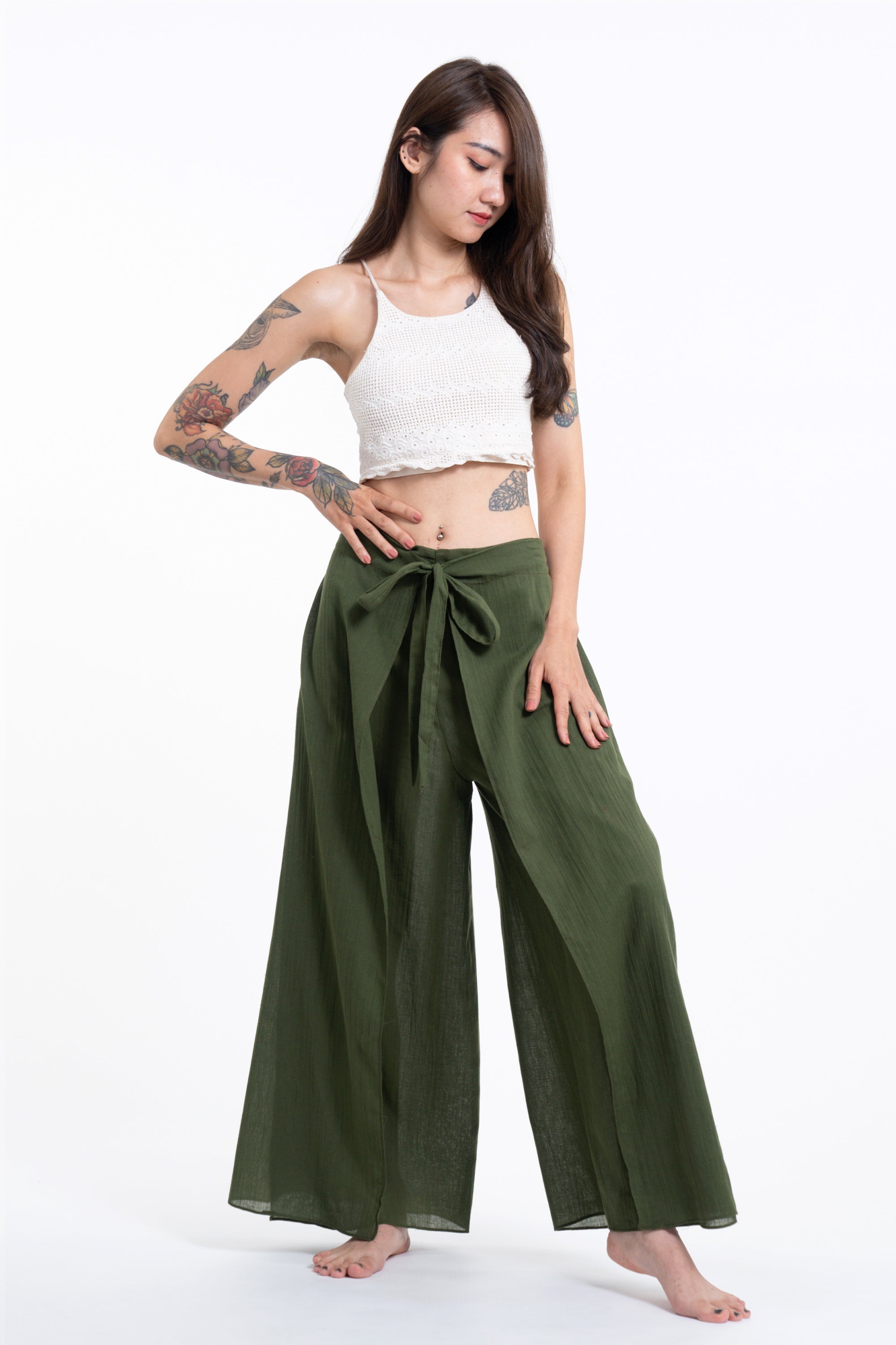 Women's Cotton Wrap Palazzo Pants in Solid Green – Harem Pants