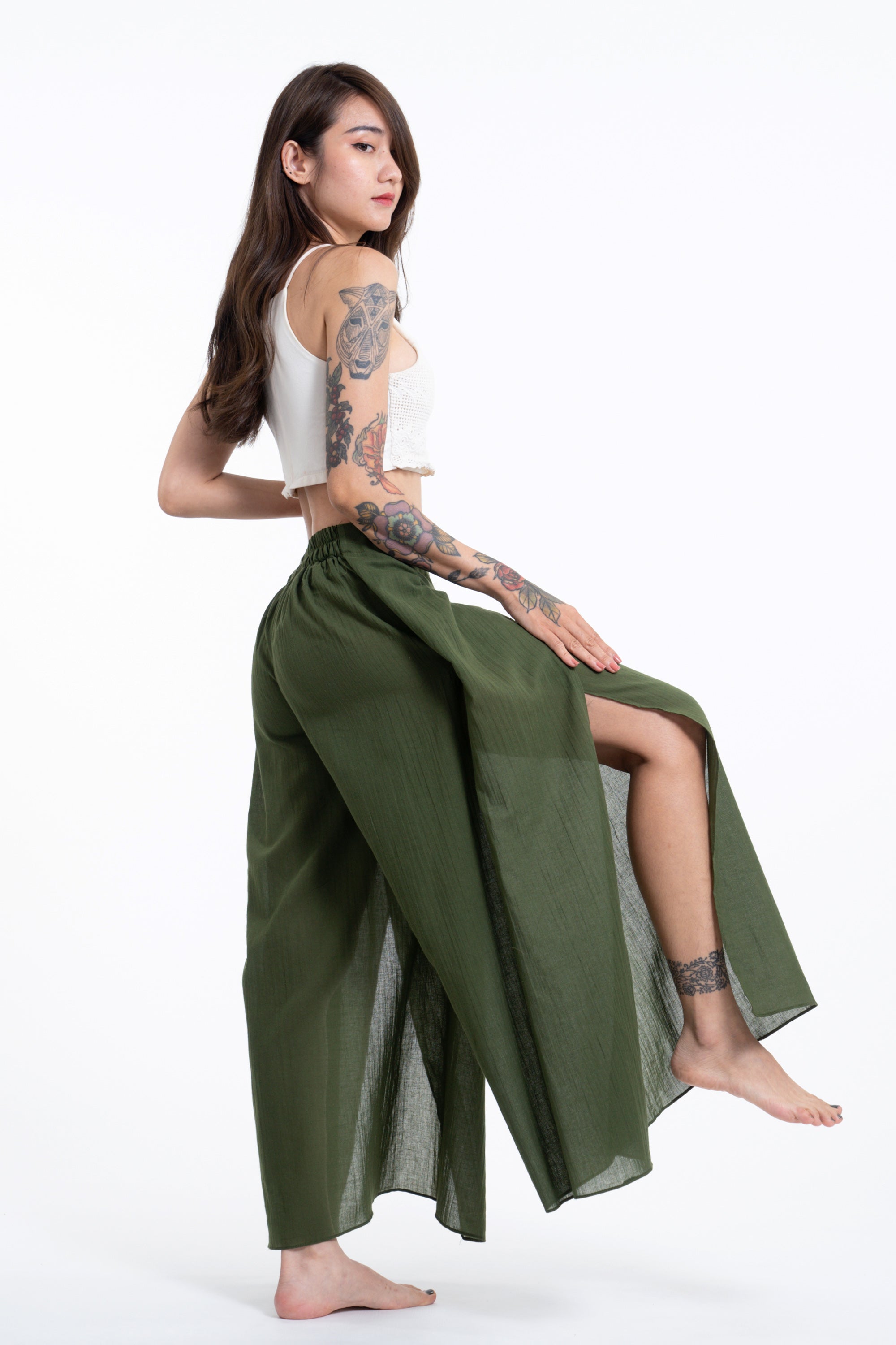Women's Cotton Wrap Palazzo Pants in Solid Green