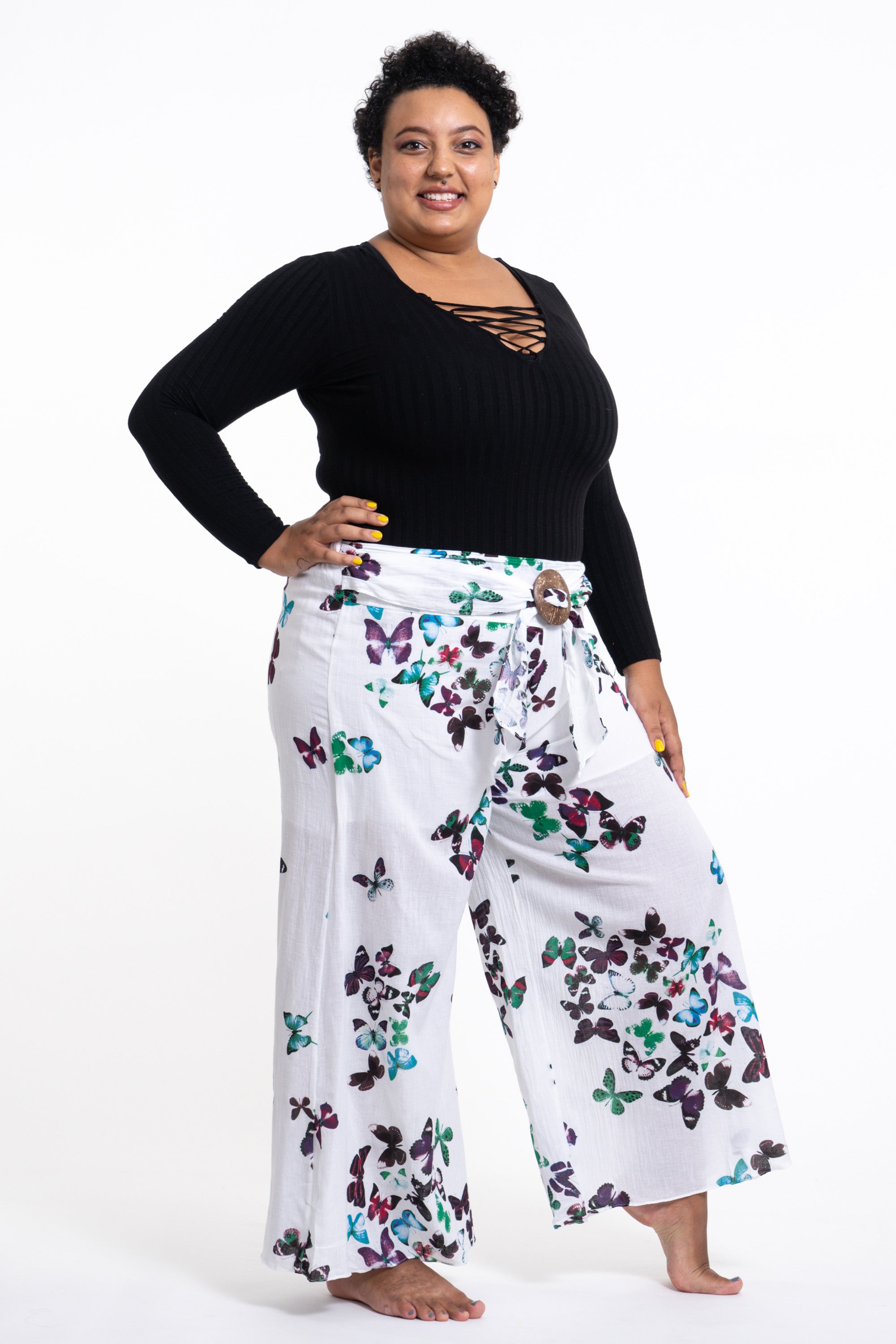 Plus Size Women's Thai Harem Palazzo Pants in Butterflies Turquoise