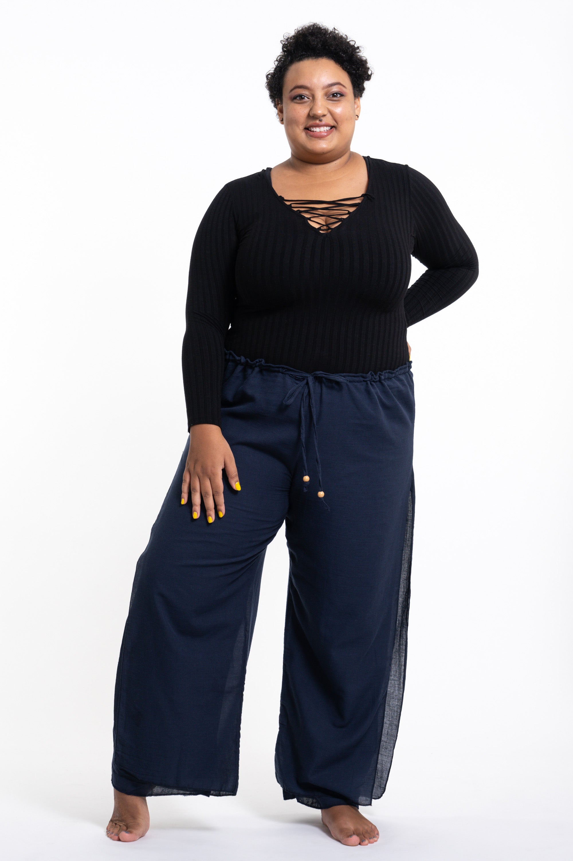 Plus Size Women's Thai Harem Double Layers Palazzo Pants in Solid Navy