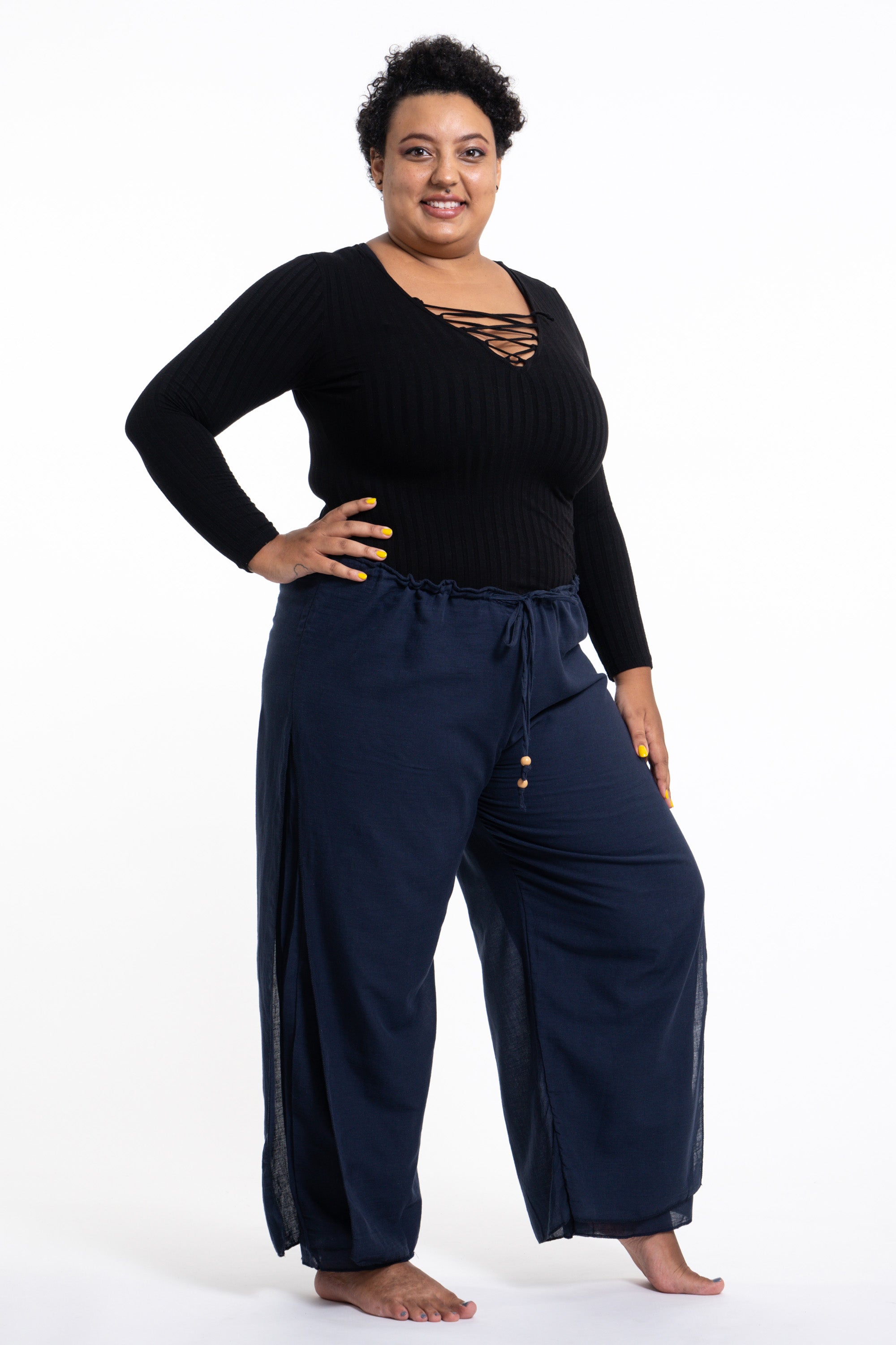 Plus Size Women's Thai Harem Double Layers Palazzo Pants in Solid Navy