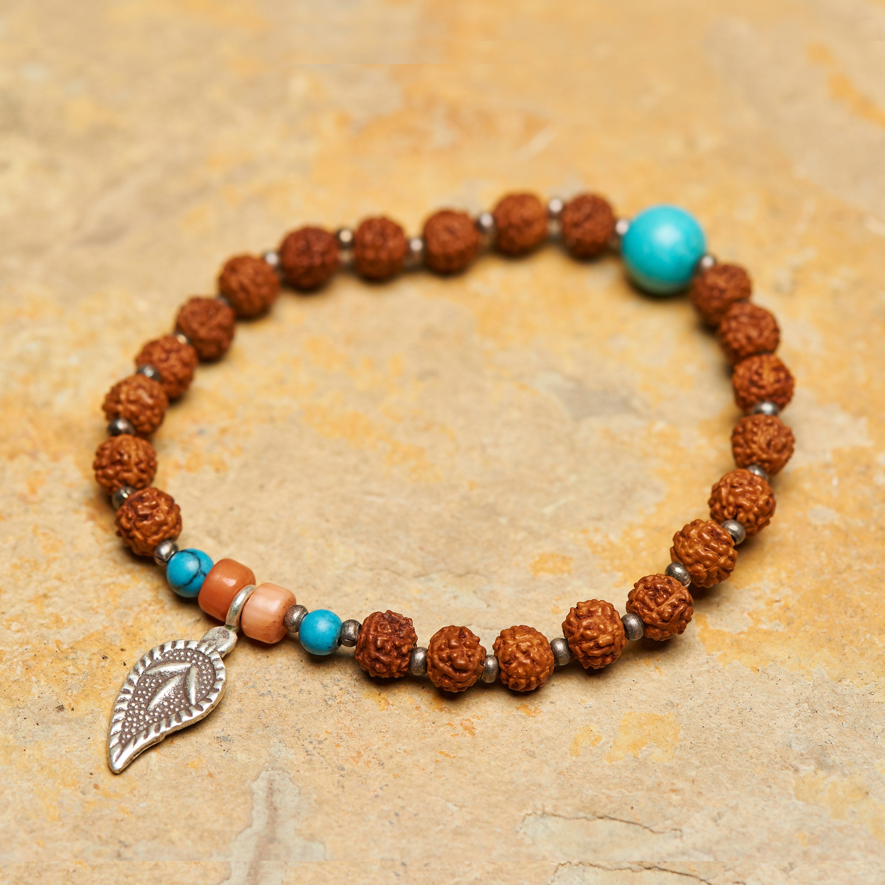 Rudraksha mixed Coral and Turquoise Bracelet With Sacred Leaf Silver Charm