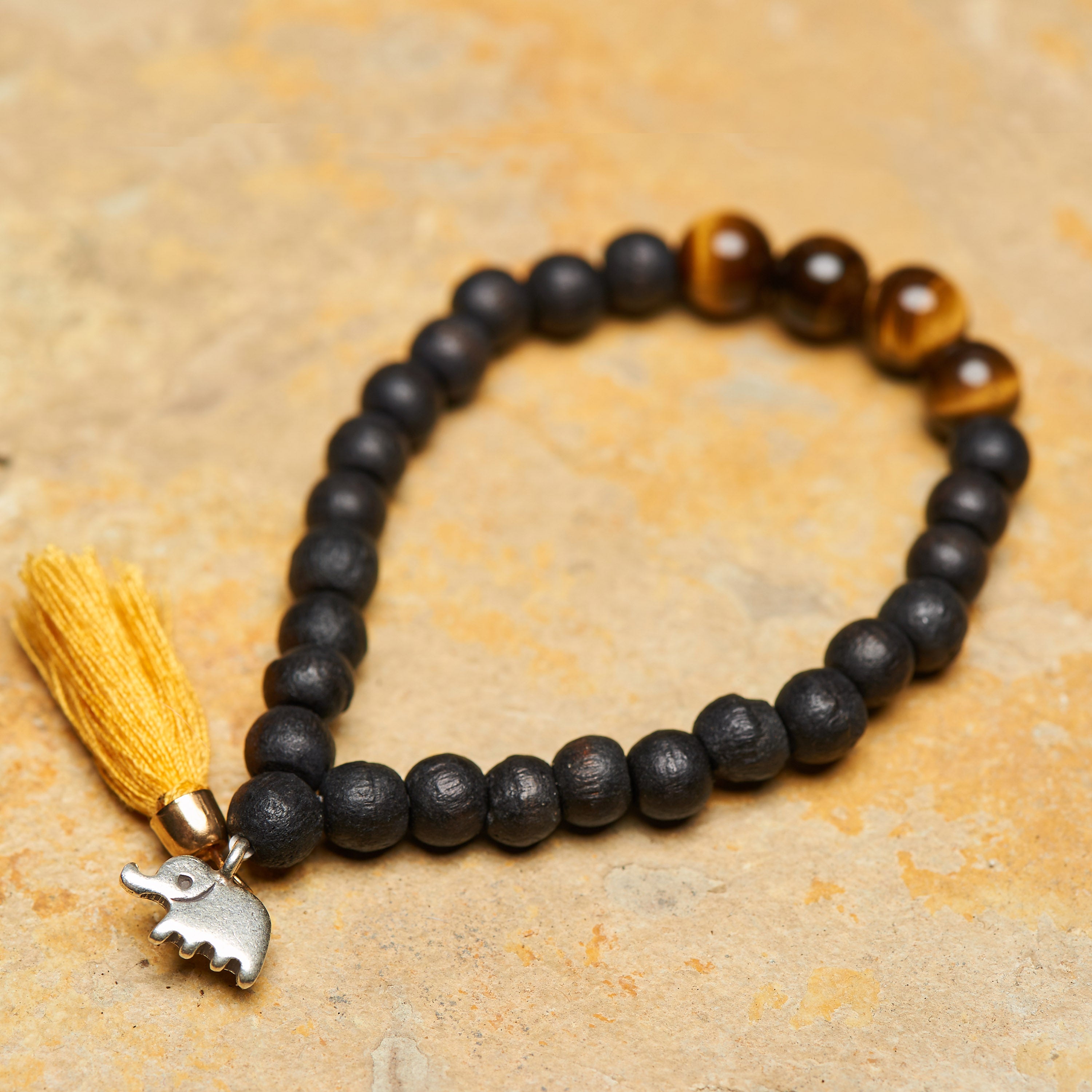 Nepal Hand Made Budhi Wooden Bead Bracelet With Elephant Tribal Silver Charm