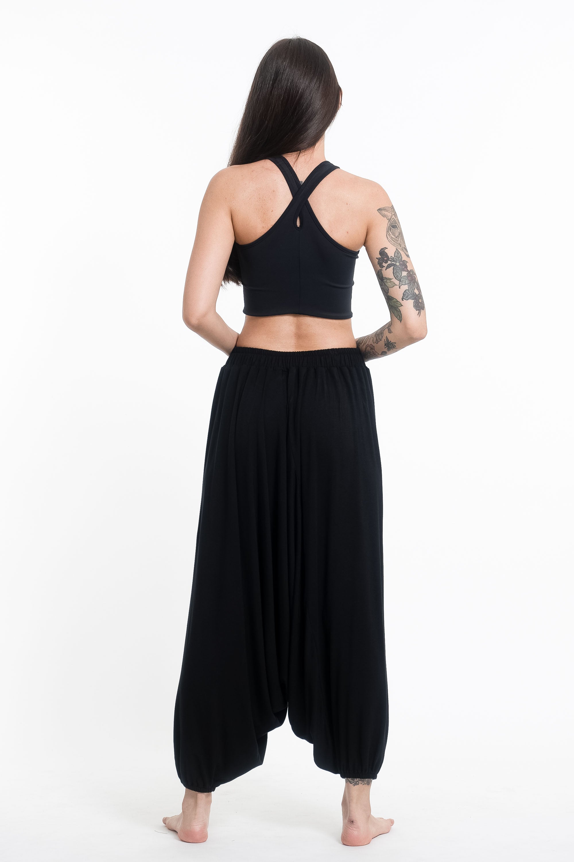 Sun Moon Print Drawstring Low Cut Harem Pants Cotton Spandex in Black