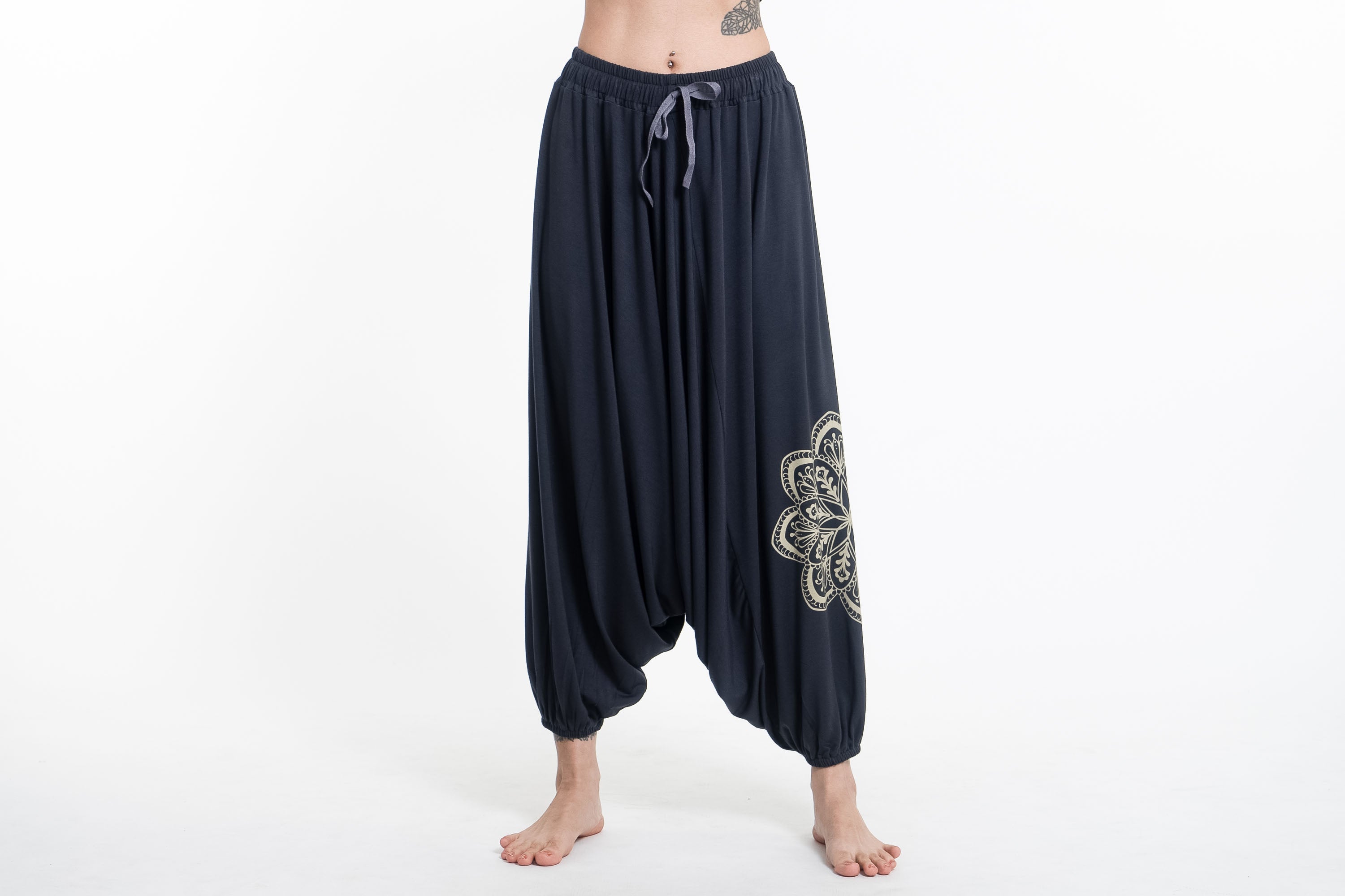 Mandala Print Drawstring Low Cut Harem Pants Cotton Spandex in Gray
