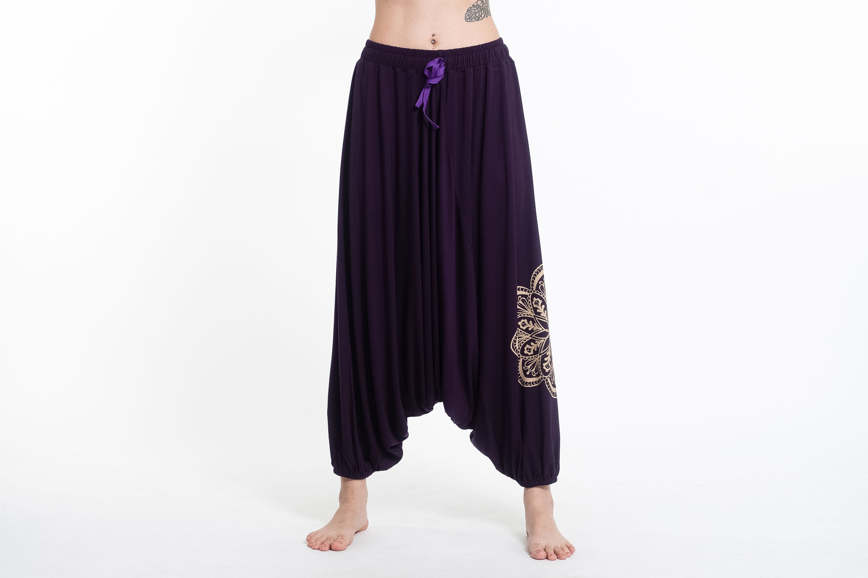 Mandala Print Drawstring Low Cut Harem Pants Cotton Spandex in Purple