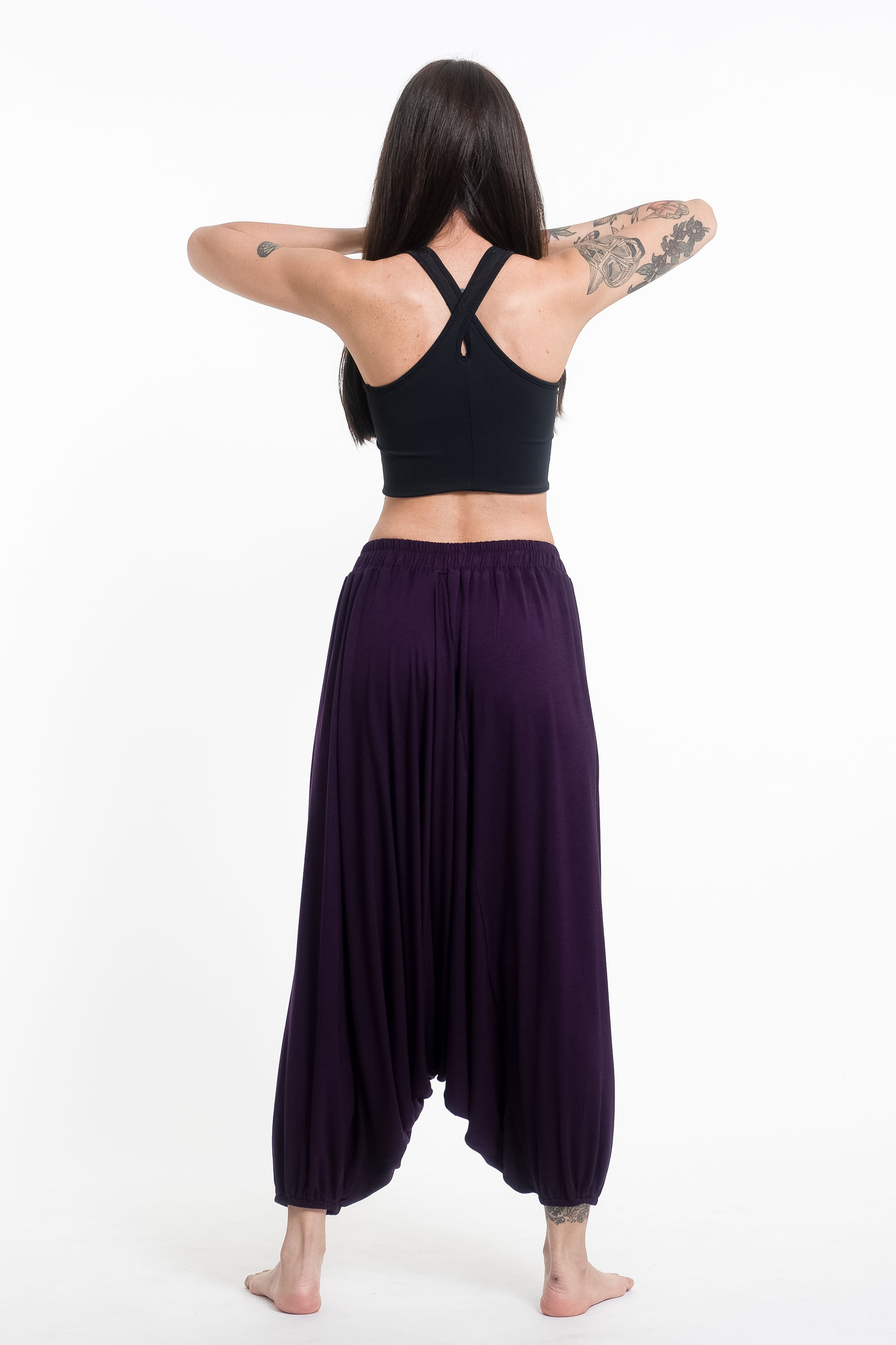 Sun Moon Print Drawstring Low Cut Harem Pants Cotton Spandex in Purple