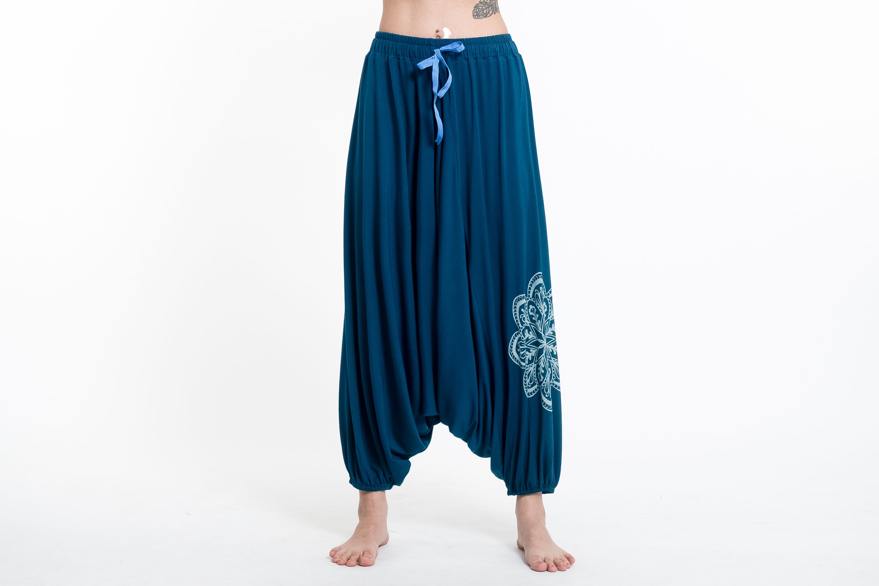 Mandala Print Drawstring Low Cut Harem Pants Cotton Spandex in Turquoise