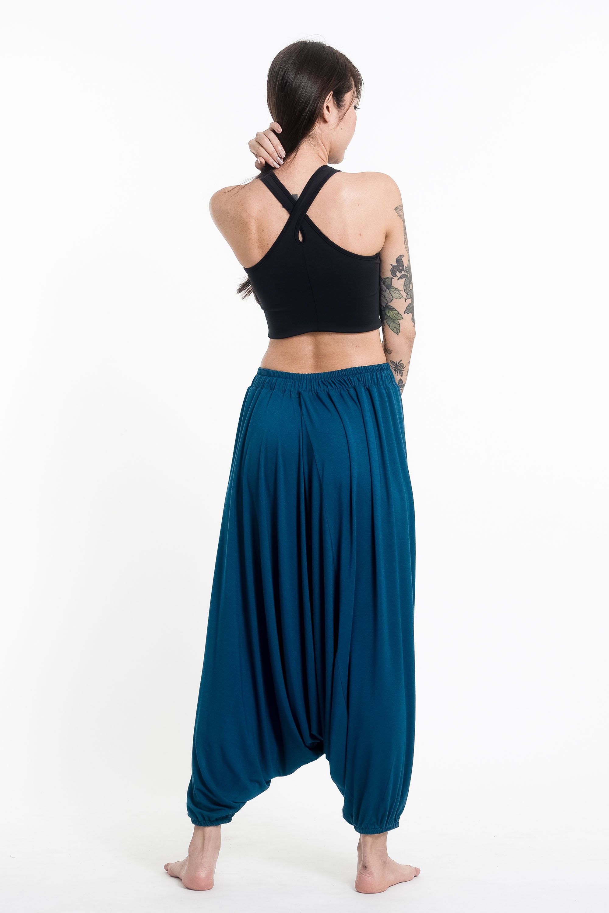 Sun Moon Print Drawstring Low Cut Harem Pants Cotton Spandex in Turquoise