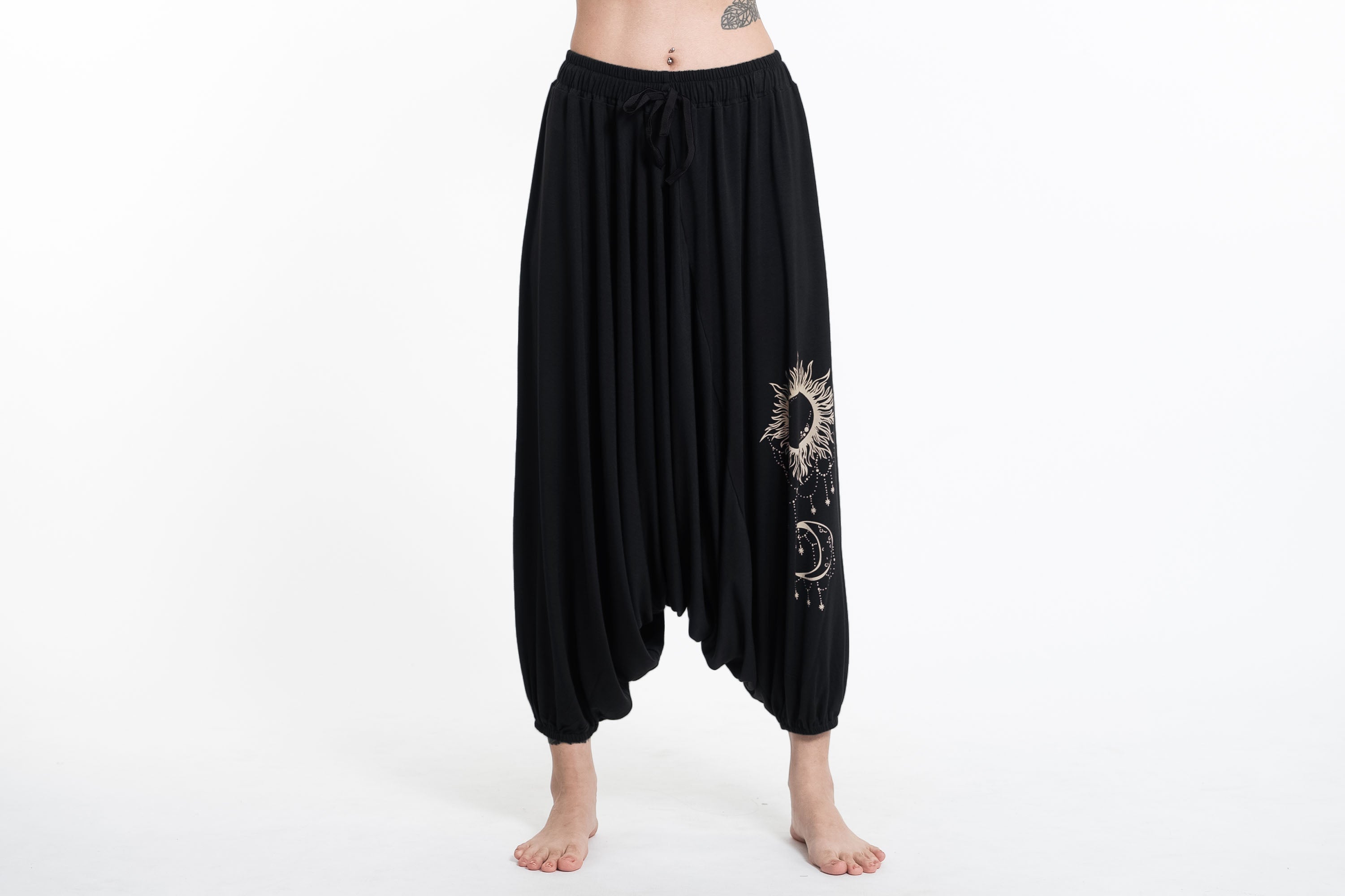 Sun Moon Print Drawstring Low Cut Harem Pants Cotton Spandex in Black