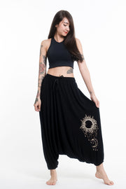 Sun Moon Print Drawstring Low Cut Harem Pants Cotton Spandex in Black