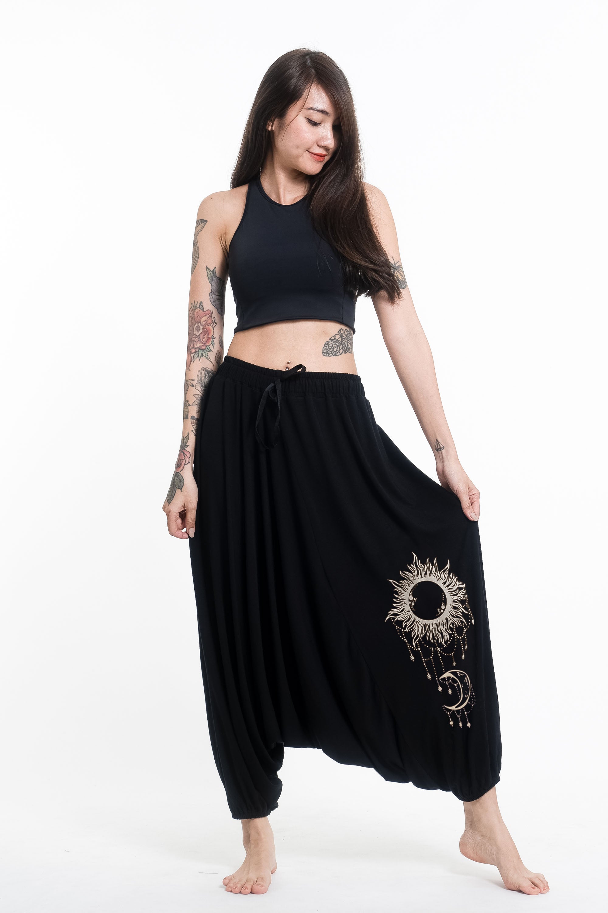Sun Moon Print Drawstring Low Cut Harem Pants Cotton Spandex in Black