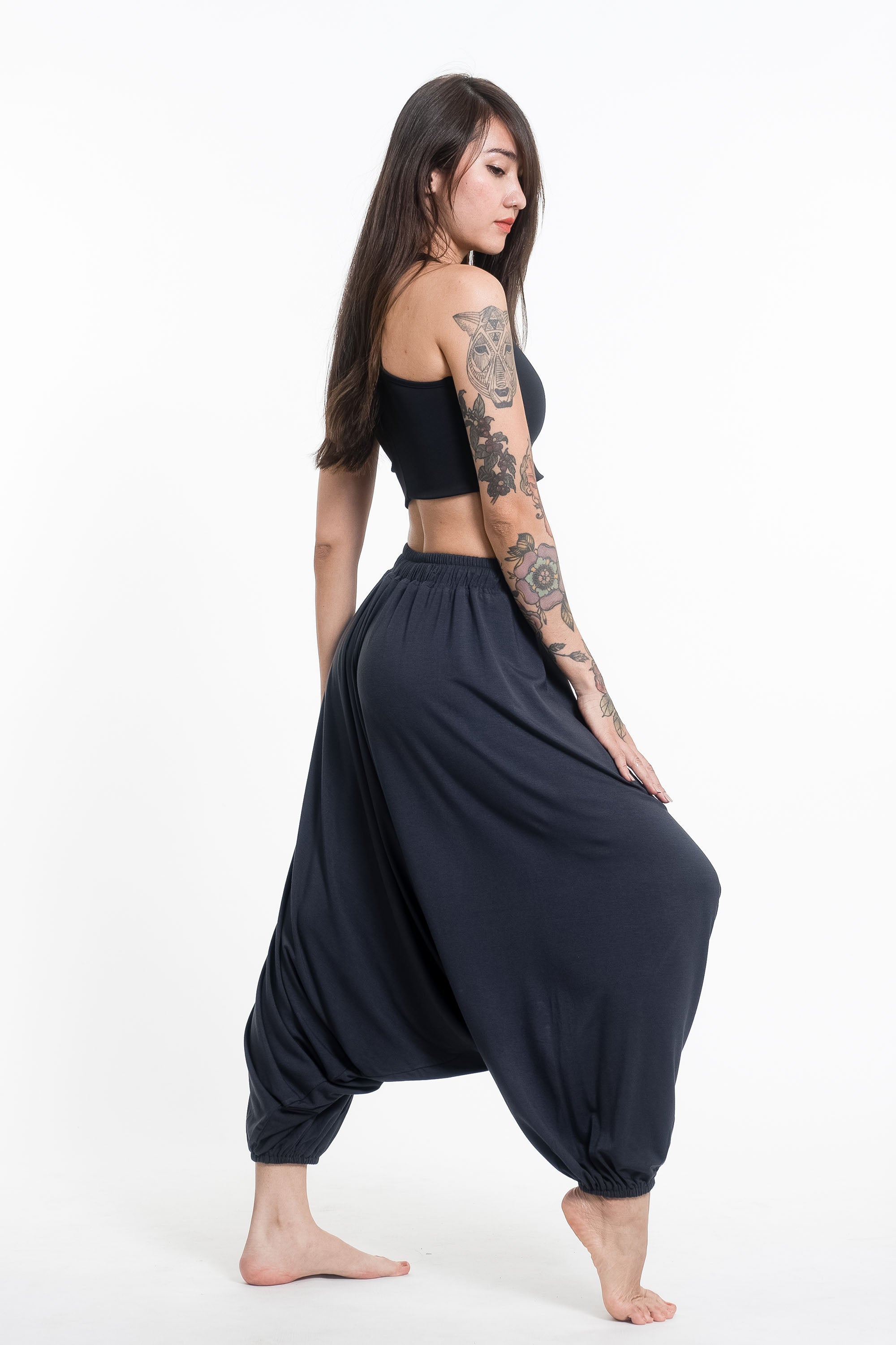 Sun Moon Print Drawstring Low Cut Harem Pants Cotton Spandex in Gray