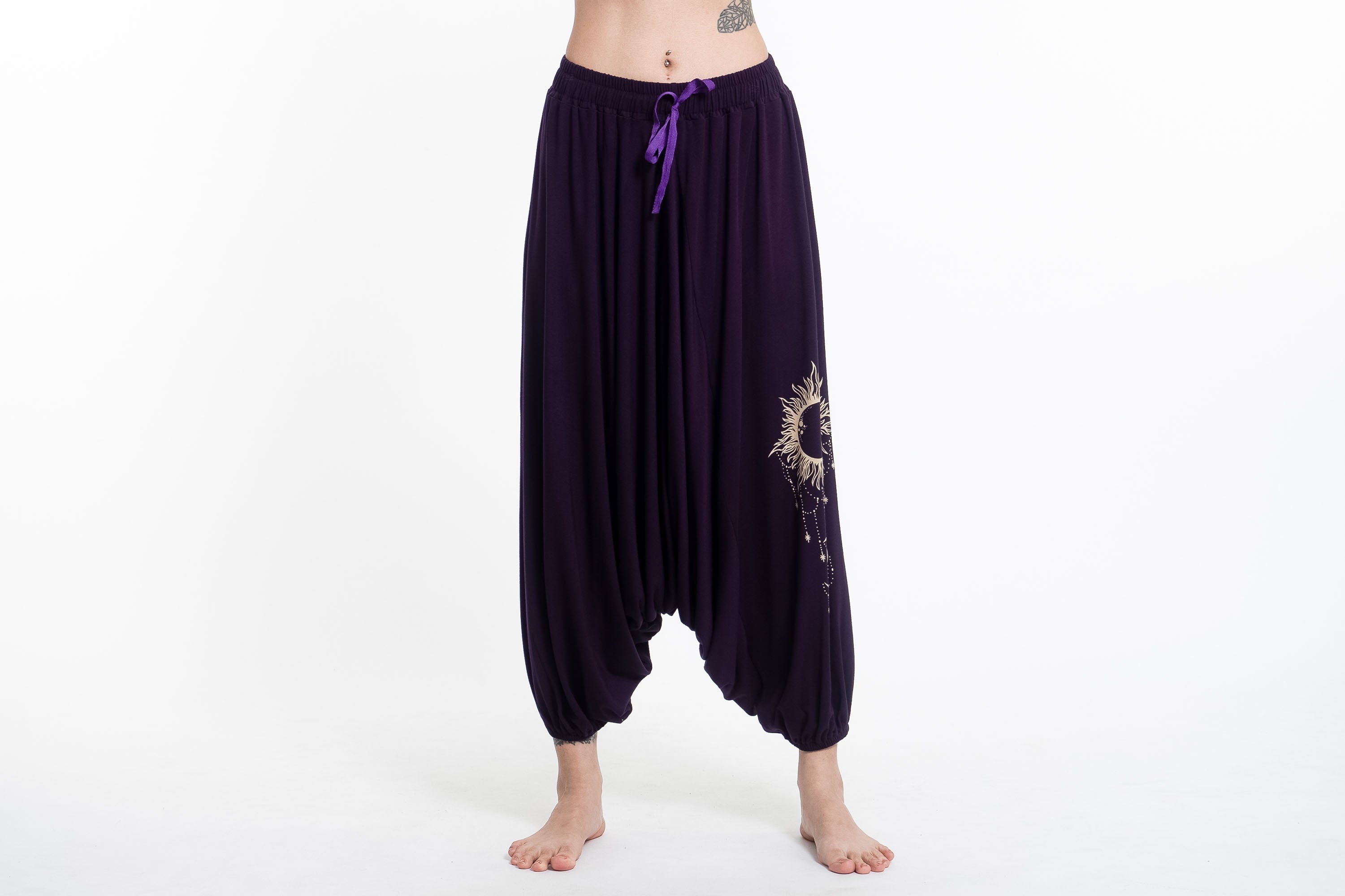 Sun Moon Print Drawstring Low Cut Harem Pants Cotton Spandex in Purple