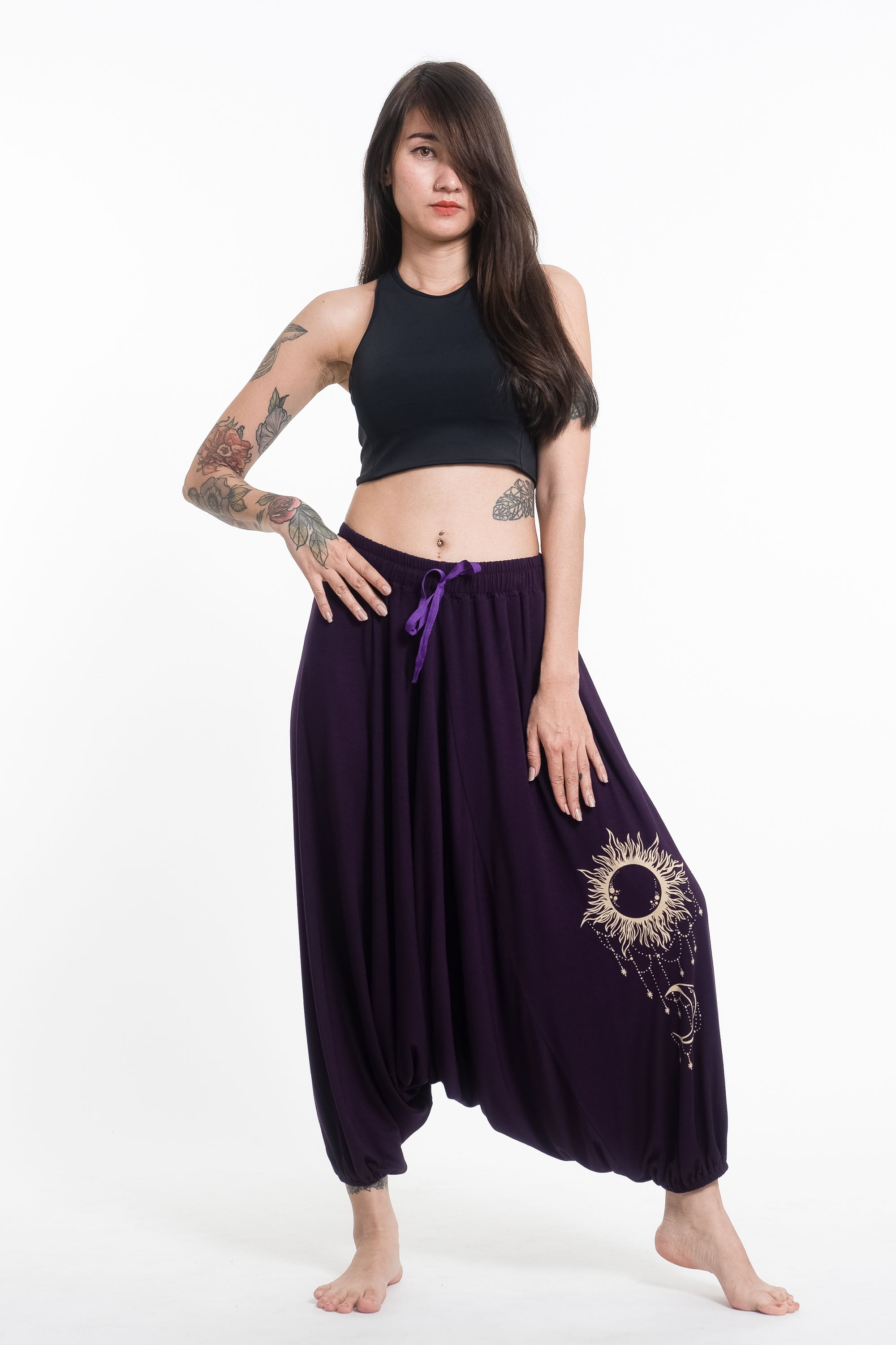 Sun Moon Print Drawstring Low Cut Harem Pants Cotton Spandex in Purple