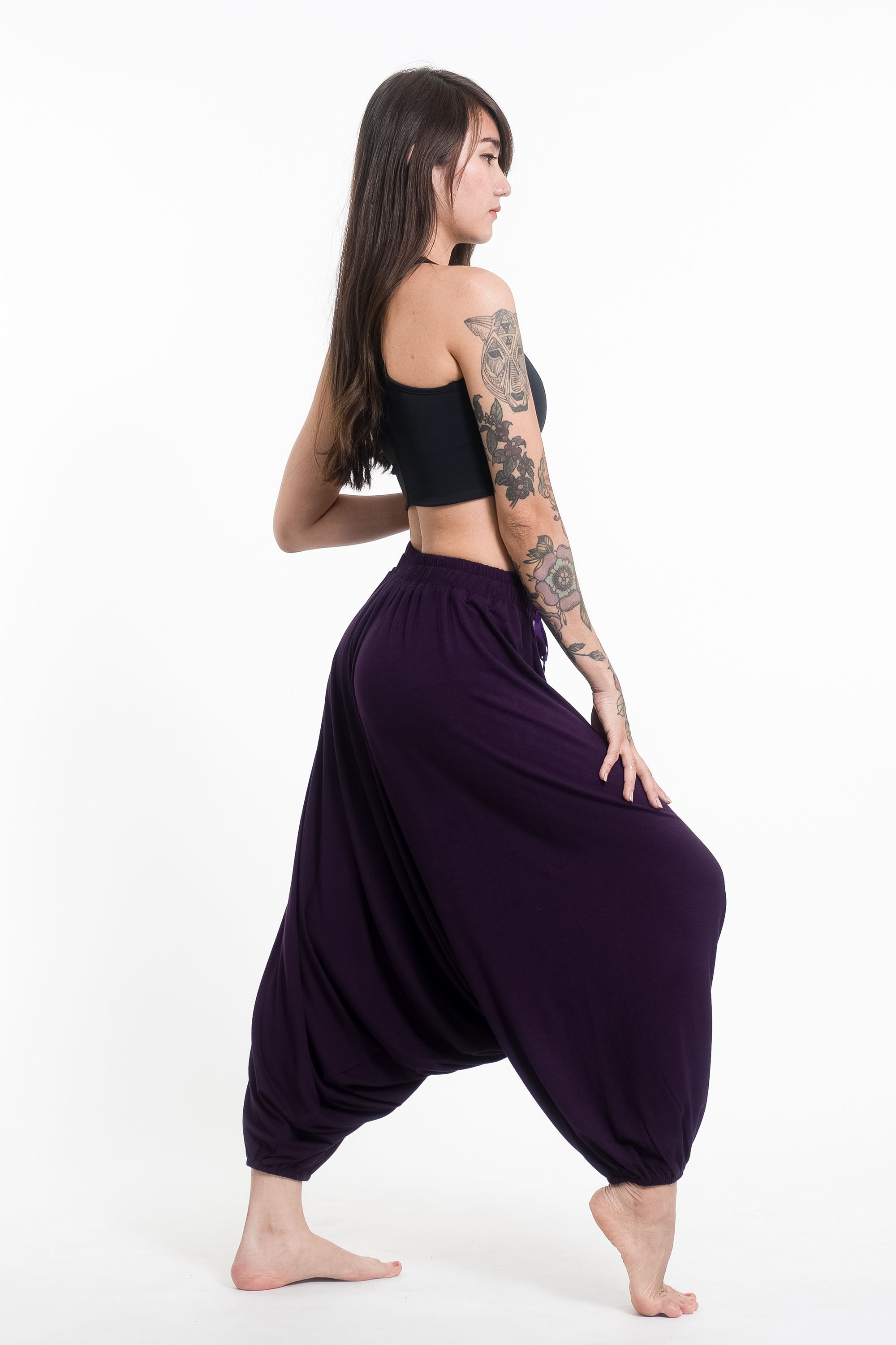 Sun Moon Print Drawstring Low Cut Harem Pants Cotton Spandex in Purple