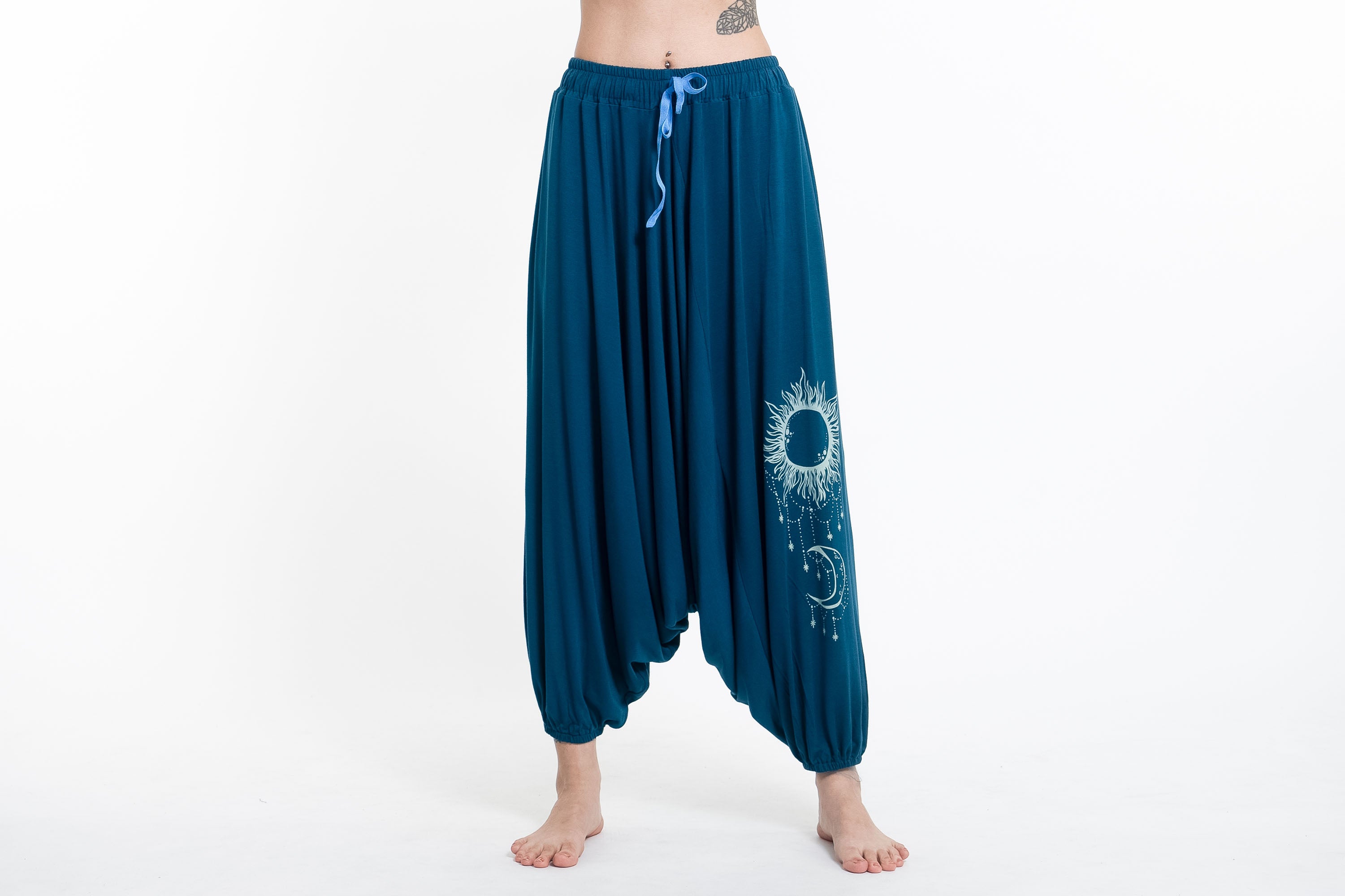 Sun Moon Print Drawstring Low Cut Harem Pants Cotton Spandex in Turquoise