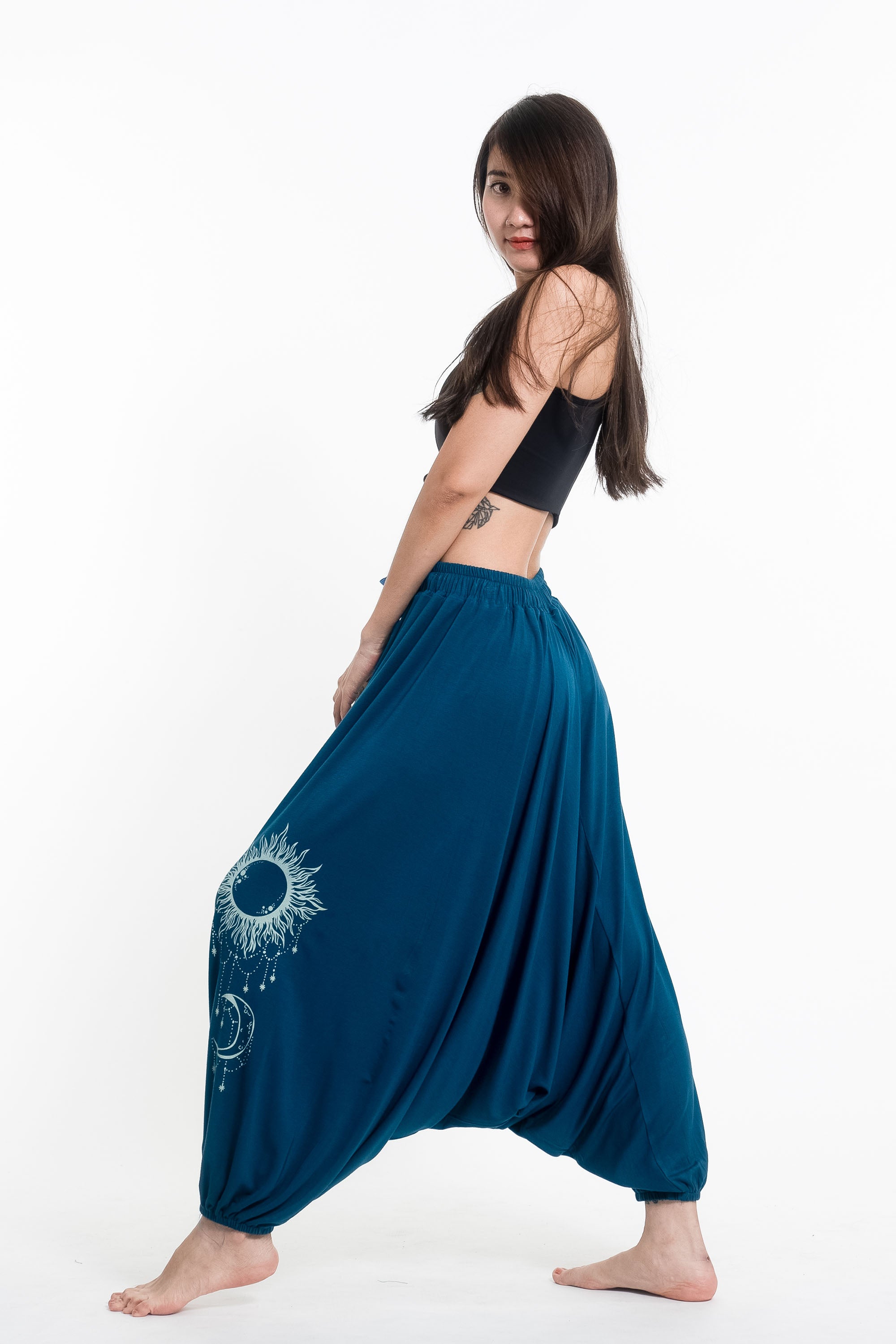 Sun Moon Print Drawstring Low Cut Harem Pants Cotton Spandex in Turquoise