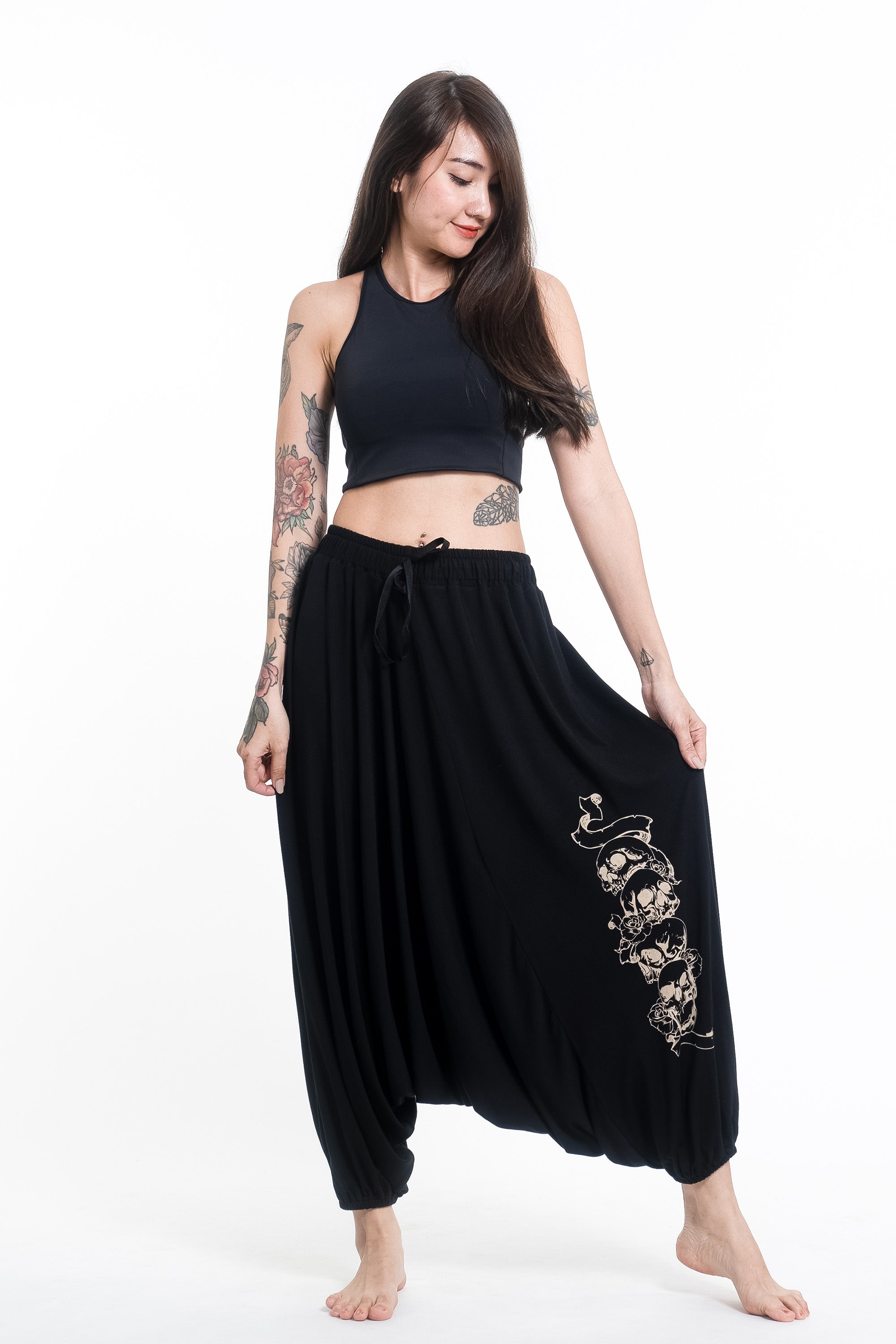 Skulls Print Drawstring Low Cut Harem Pants Cotton Spandex in Black