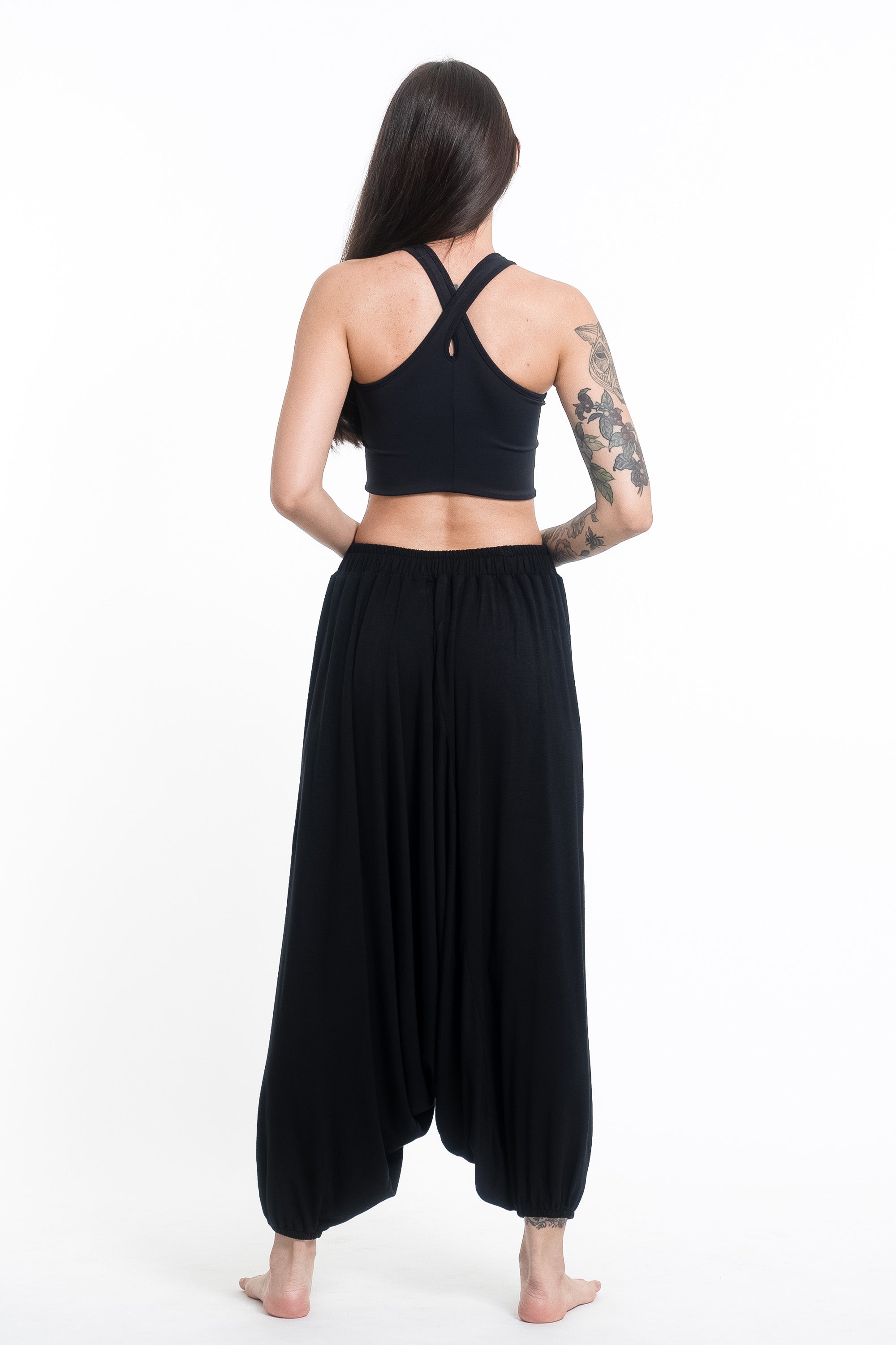 Skulls Print Drawstring Low Cut Harem Pants Cotton Spandex in Black
