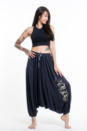 Skulls Print Drawstring Low Cut Harem Pants Cotton Spandex in Gray