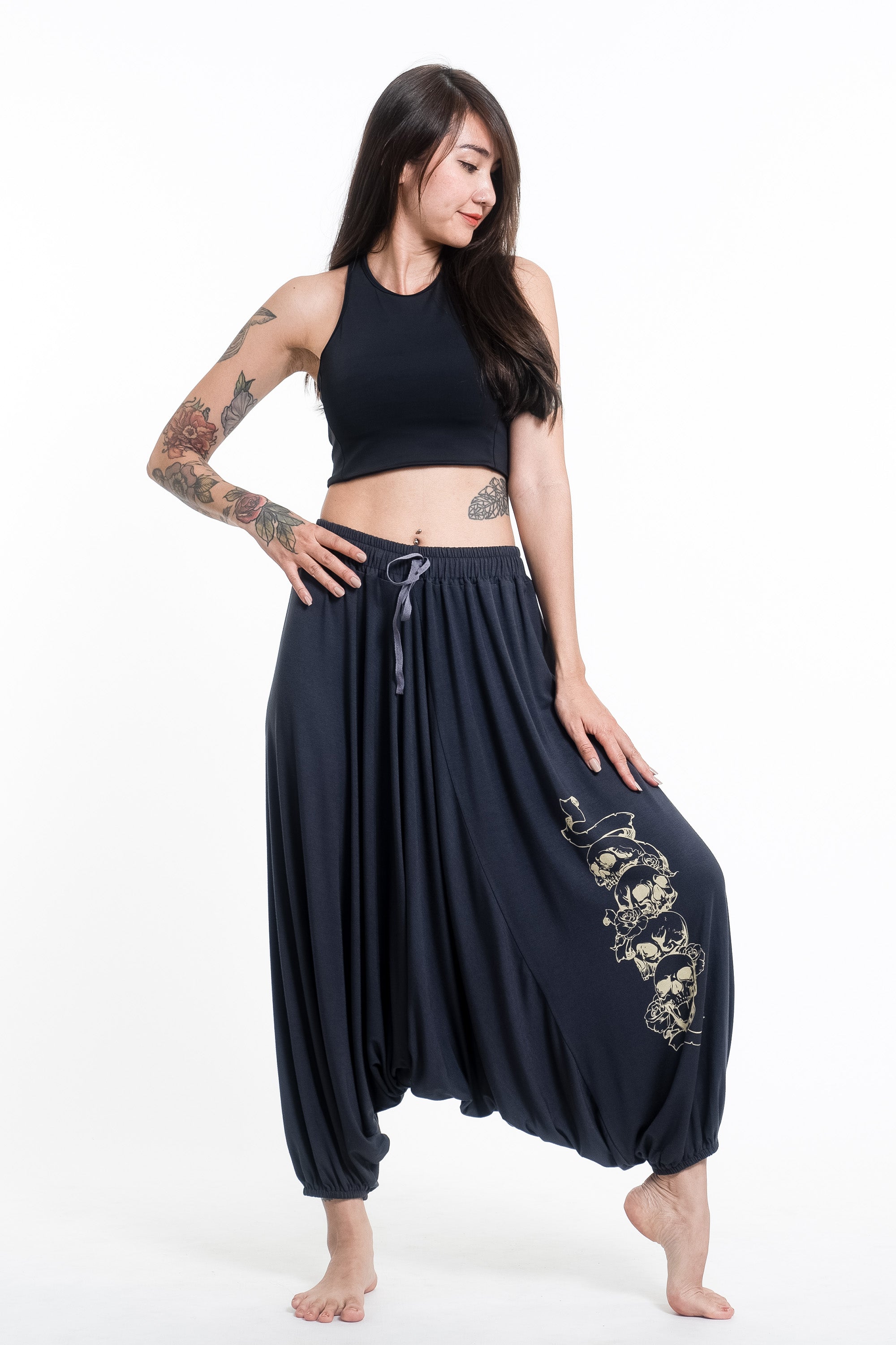 Skulls Print Drawstring Low Cut Harem Pants Cotton Spandex in Gray